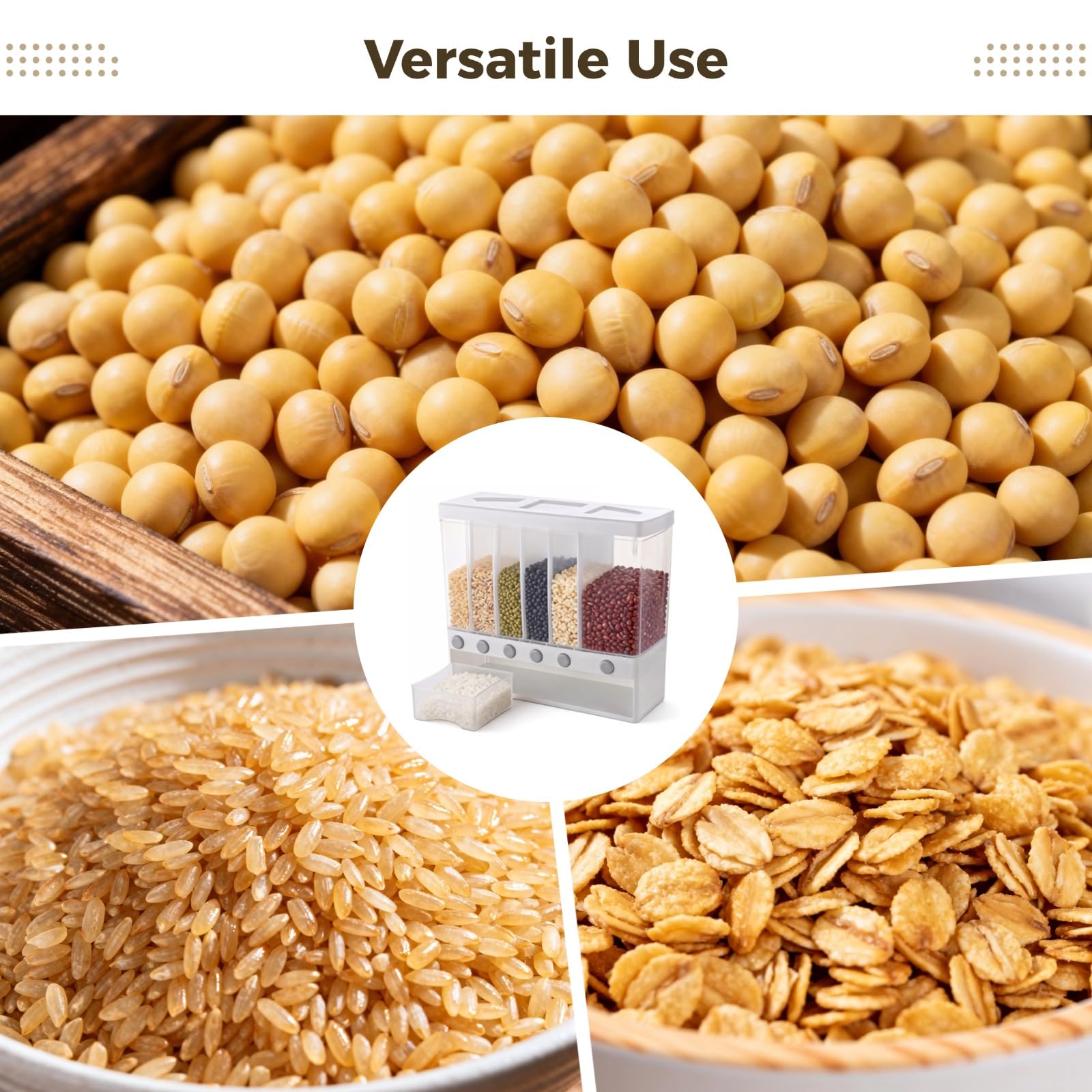 Wandmontierter Reisspender mit 6 Fächern, 10 kg Kapazität, für trockene Lebensmittel, Müsli, mit Druckknopf, quantitativer Ausgabe und transparenter Schublade, für Küche und Speisekammer