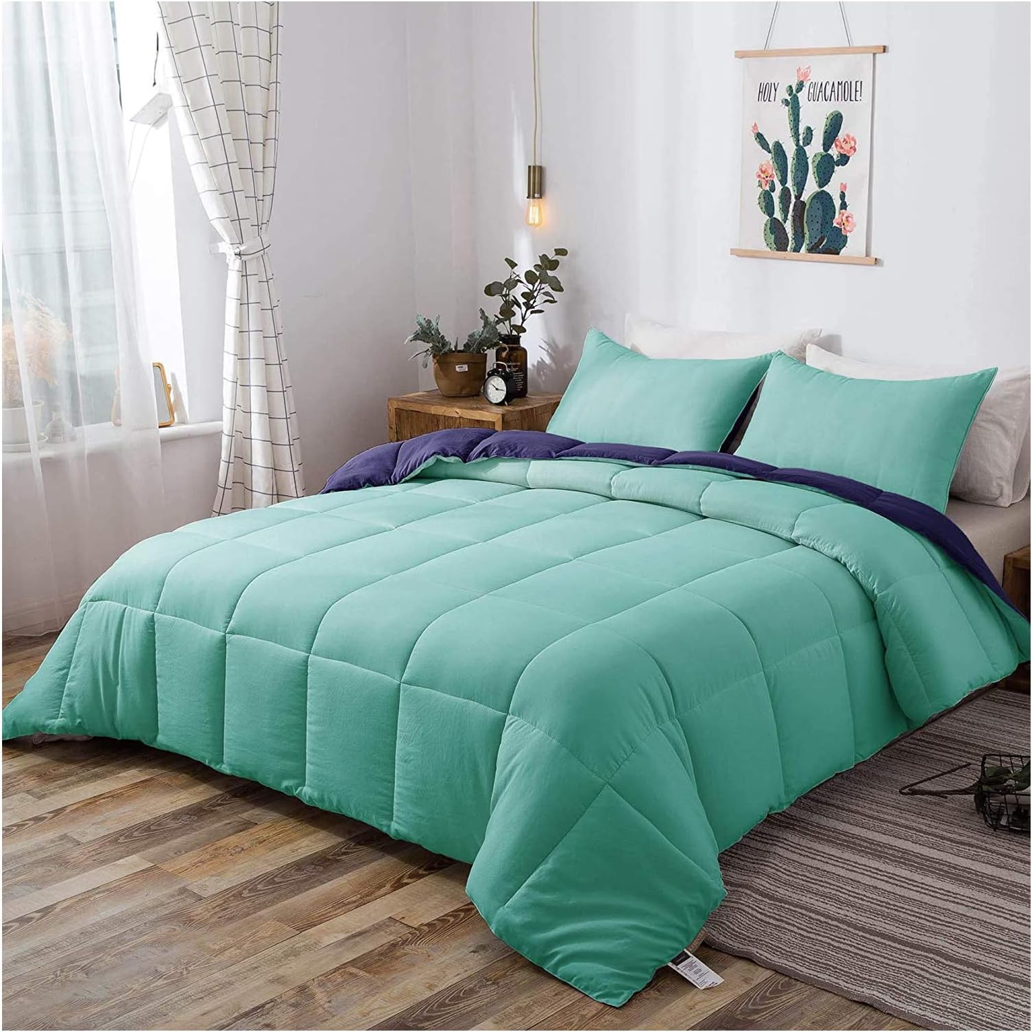 DOMDEC 3-Piece Down Alternative Comforter Set Queen Size with 2 Pillow Shams - Machine Washable Duvet Insert with Corner Ties, Reversible, Lightweight, Cozy Soft, Fluffy, All-Season (Green/Blue)