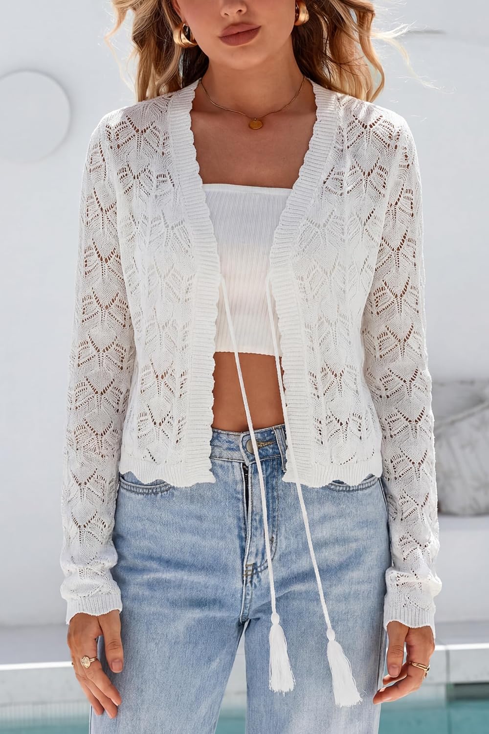 Arach&Cloz Women's Cropped Cardigan Linen Blend Crochet Tie Front Lightweight Summer Beach Shrug