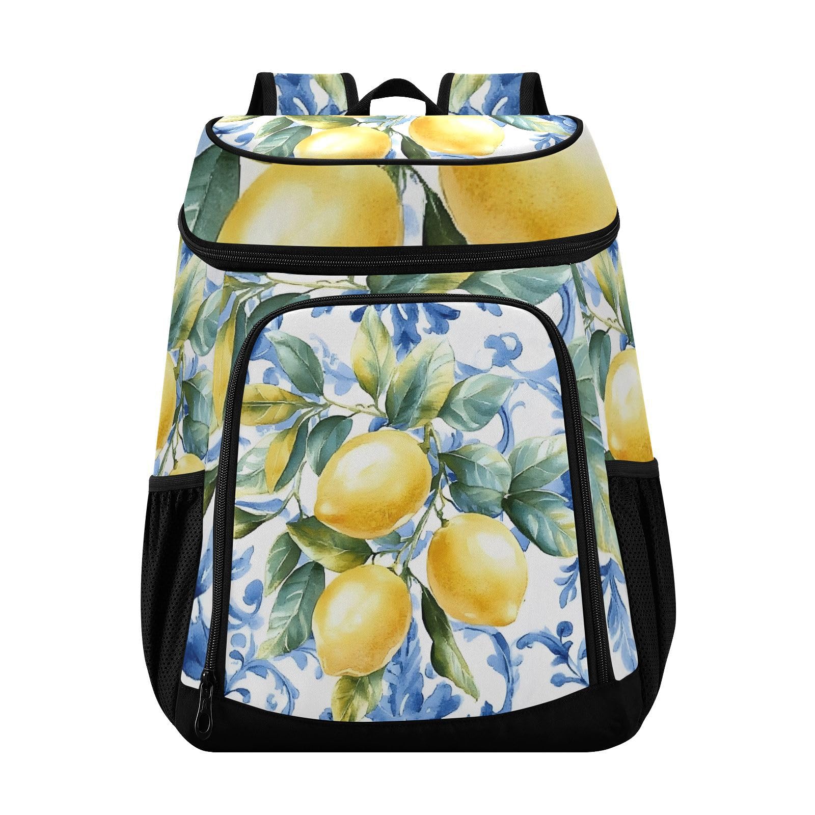 Lemon Blue Leaves Tiles Italian Cooler Backpack Cooler Insulated Leak Proof Lunch Backpack 36 Cans Waterproof Soft for Men Women Picnic Hiking Camping Beach