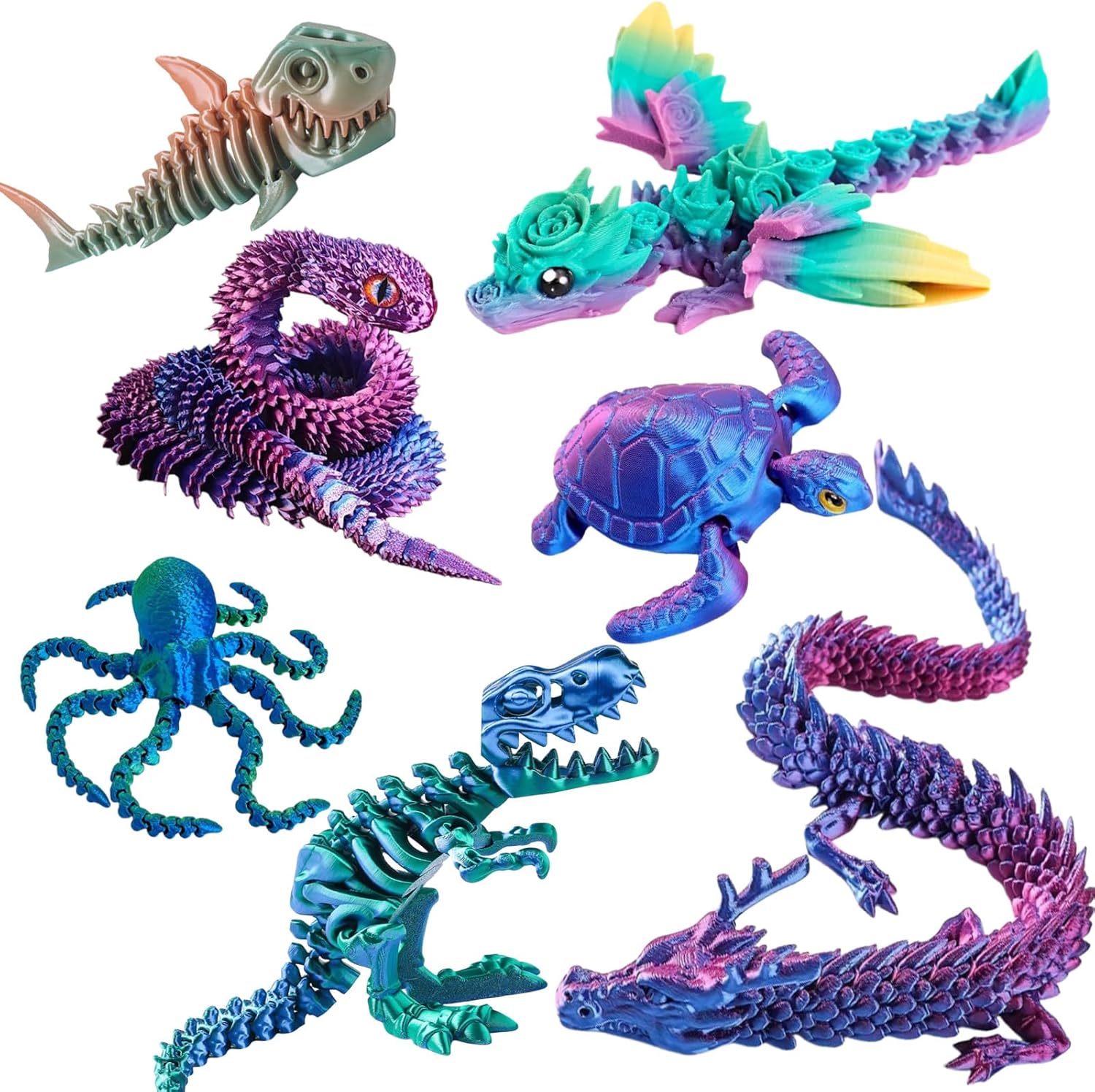 7Pcs 3D Printed Animals 3D Printed Flexible Dragon, Full Body Joint Movable Design, 3D Printed Toys Stuff for Home, Office, Decor Christmas Birthday Gift