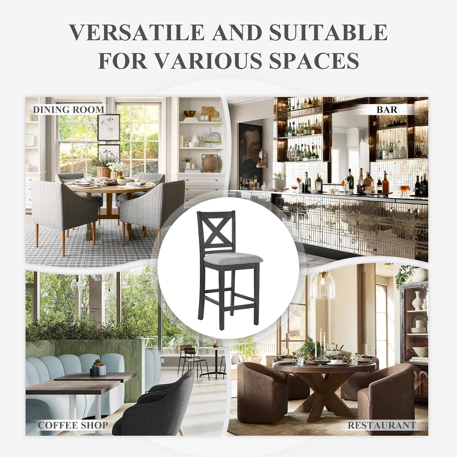 COLAMY Wooden Bar Stools Set of 4, Counter Height Bar Stools, Mid Century Modern Bar Stools with Backs, 25 Inch Upholstered Fabric Wooden Barstools for Kitchen Island Dining Room Bar, Dark Grey