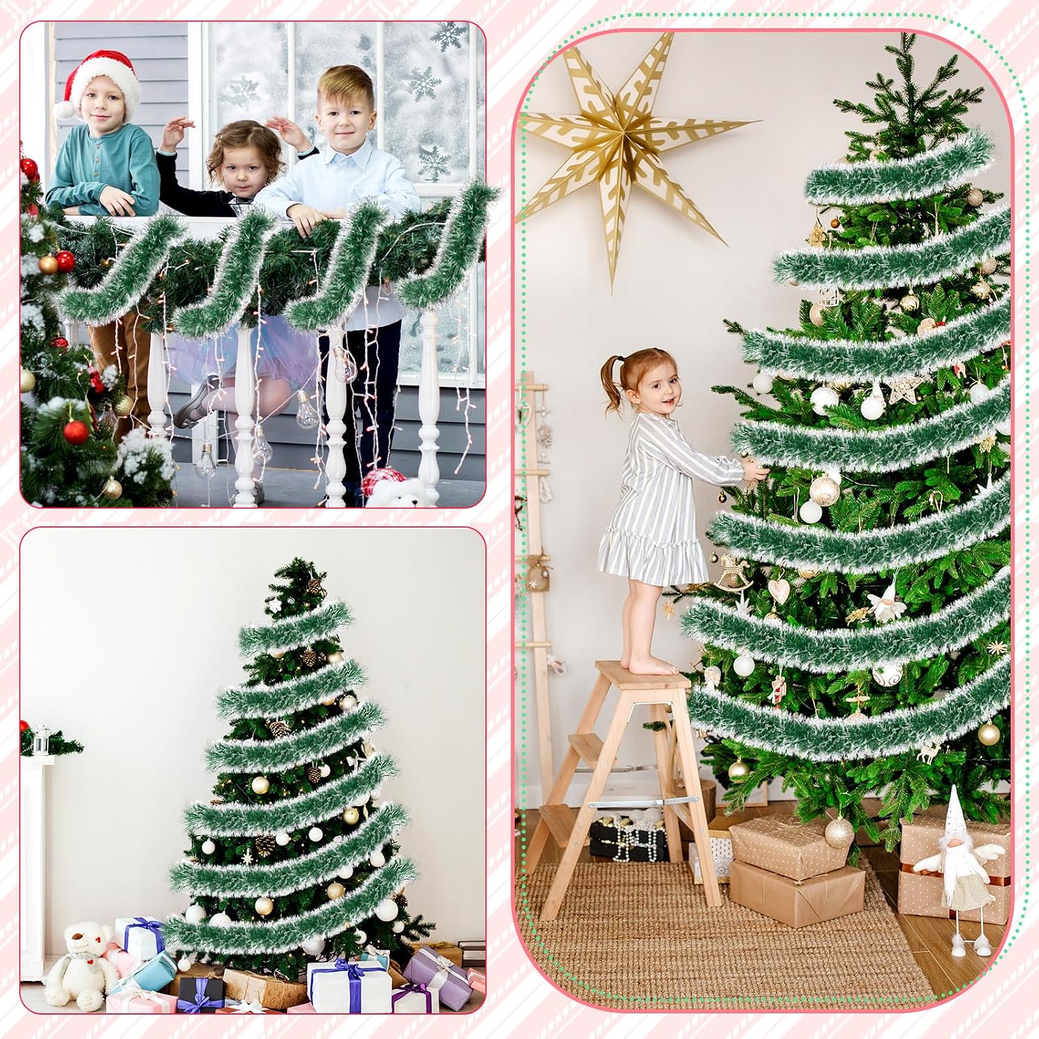 Hotop 164 Feet Christmas Tinsel Garland Frost Tip Glitter Silver Edge Metallic Streamers Christmas Tree Hanging Twist Garland Decorations for Indoor and Outdoor Holiday Party Supplies(Green)