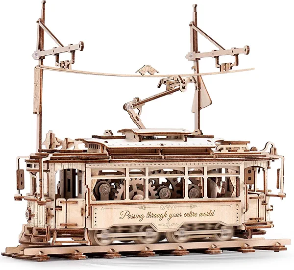 ROKR 3D Wooden Puzzles Model Car Kits for Adults to Build - Wooden Toy Tram Train Set with Railway - Wood 3D Puzzles for Adults - Gift Idea for Christmas Father's Day Birthday