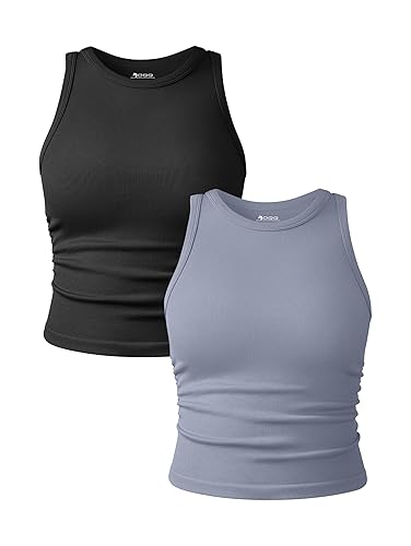 OQQ Women's 2 Piece Tank Tops Crew Neck Sleeveless Basic Stretch Casusal Yoga Crop Camis - Large - Black,blues