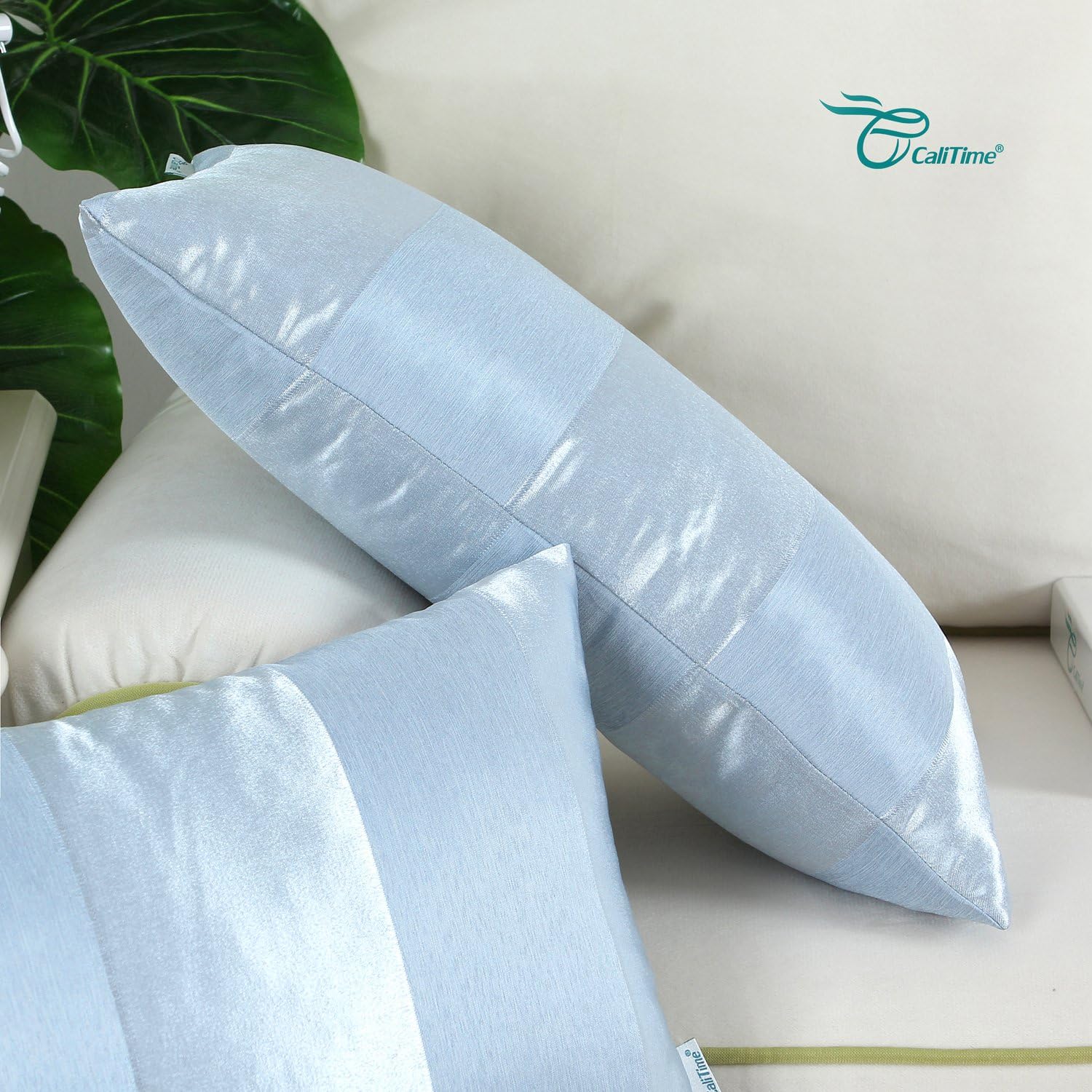 CaliTime Pack of 2 Cushion Covers Pillow Cases Shells for Couch Sofa Home Decoration Modern Shining & Dull Contrast Striped 12 X 20 Inches Light Blue