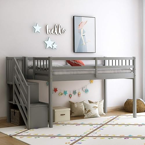 Loft Bed with Storage Staircase, Twin Size Low Loft Bed for Teens, No Box Spring Needed