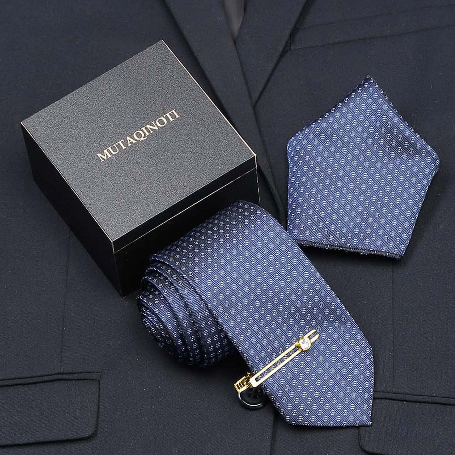 MUTAQINOTI Mens Psychedelic Blue Woven Premium Silk Necktie With Pocket Square Golden Tie Pin (TEGP) 1