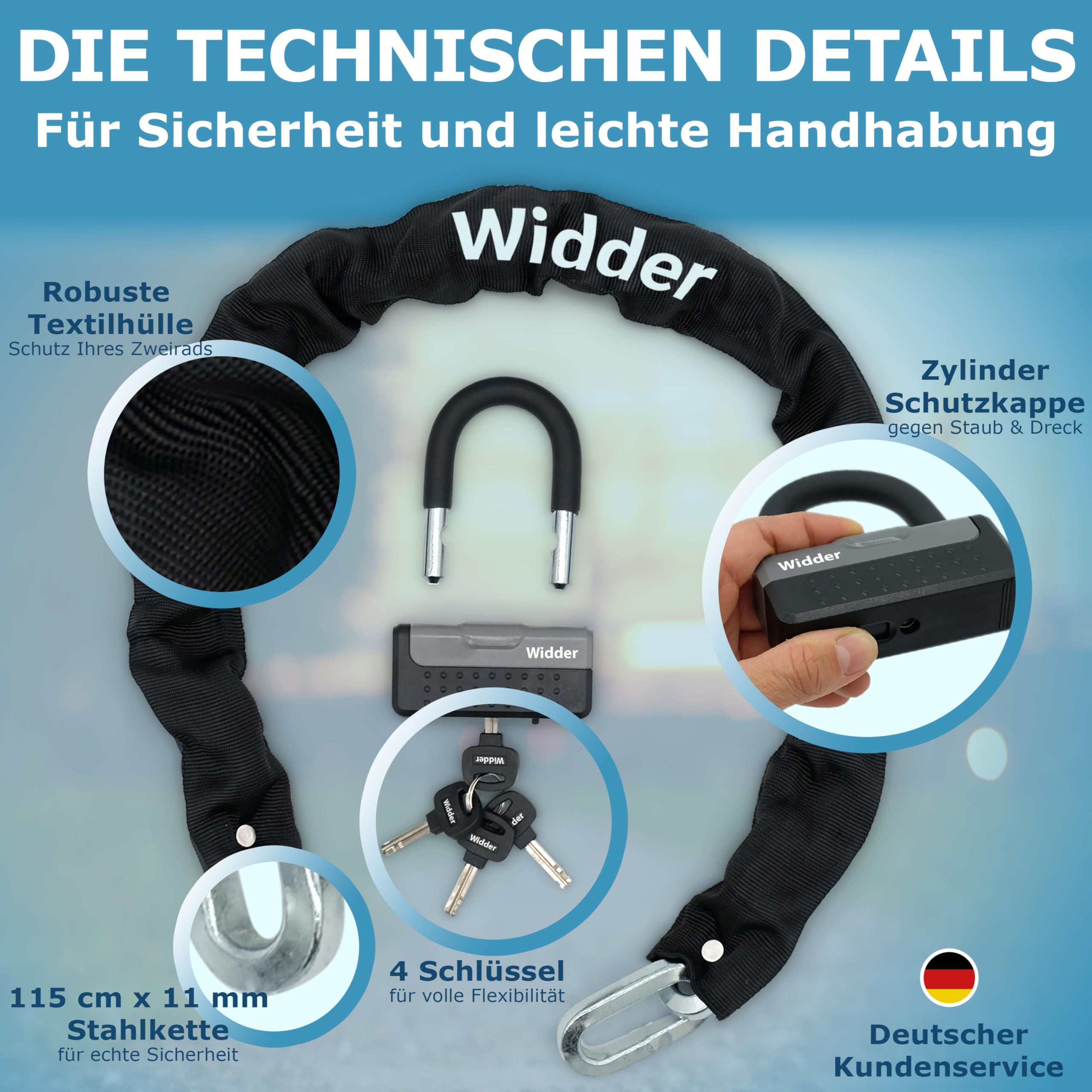 Widder Titan-Stahl [Level 15] Kettenschloss mit 4 Schlüssel - 115cm lang & 11mm massiv - für Motorrad Moped e Roller e Bike Fahrrad e Scooter Schloss - Motorradschloss & Fahrradschloss hohe Sicherheit
