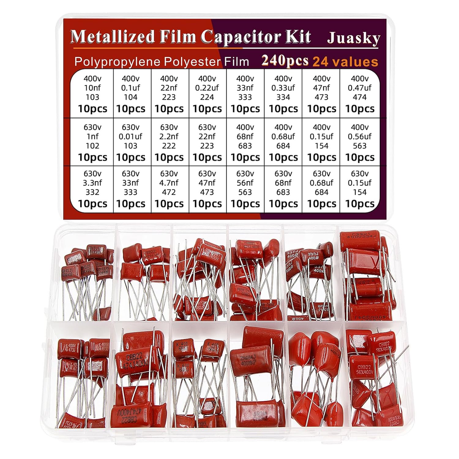 240pcs Polyester Film Capacitor Kit,24values CBB Metallized Film Capacitor Assortment Kit for Electric Guitar 0.01uf-68nf