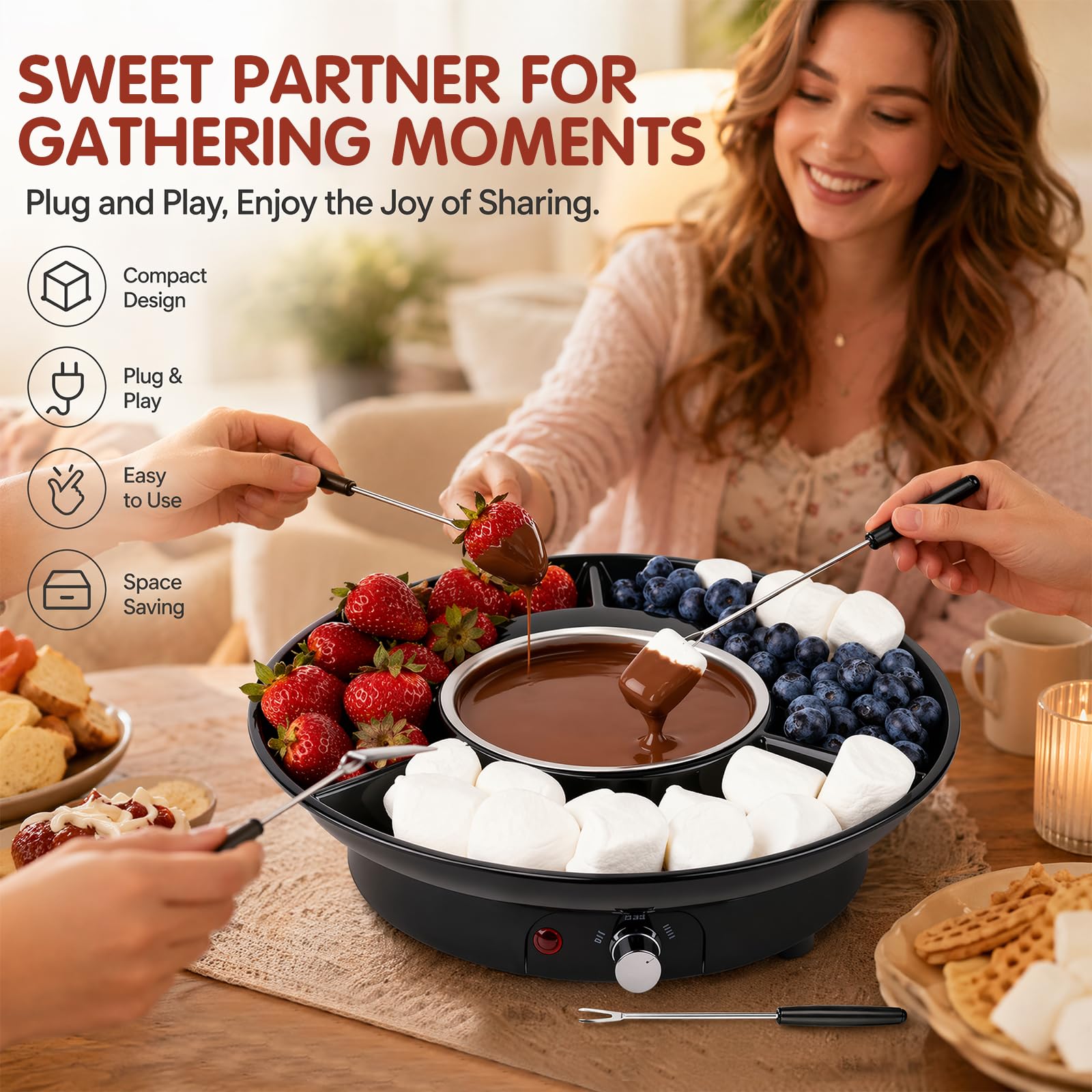 Set à Fondue au Chocolat Électrique 260 ML, Pot à Fondue Chocolat avec 2 Niveaux de Température, Casserole Amovible en Aluminium, Appareil à Fondue avec 4 Fourchettes, pour Fruits et Desserts