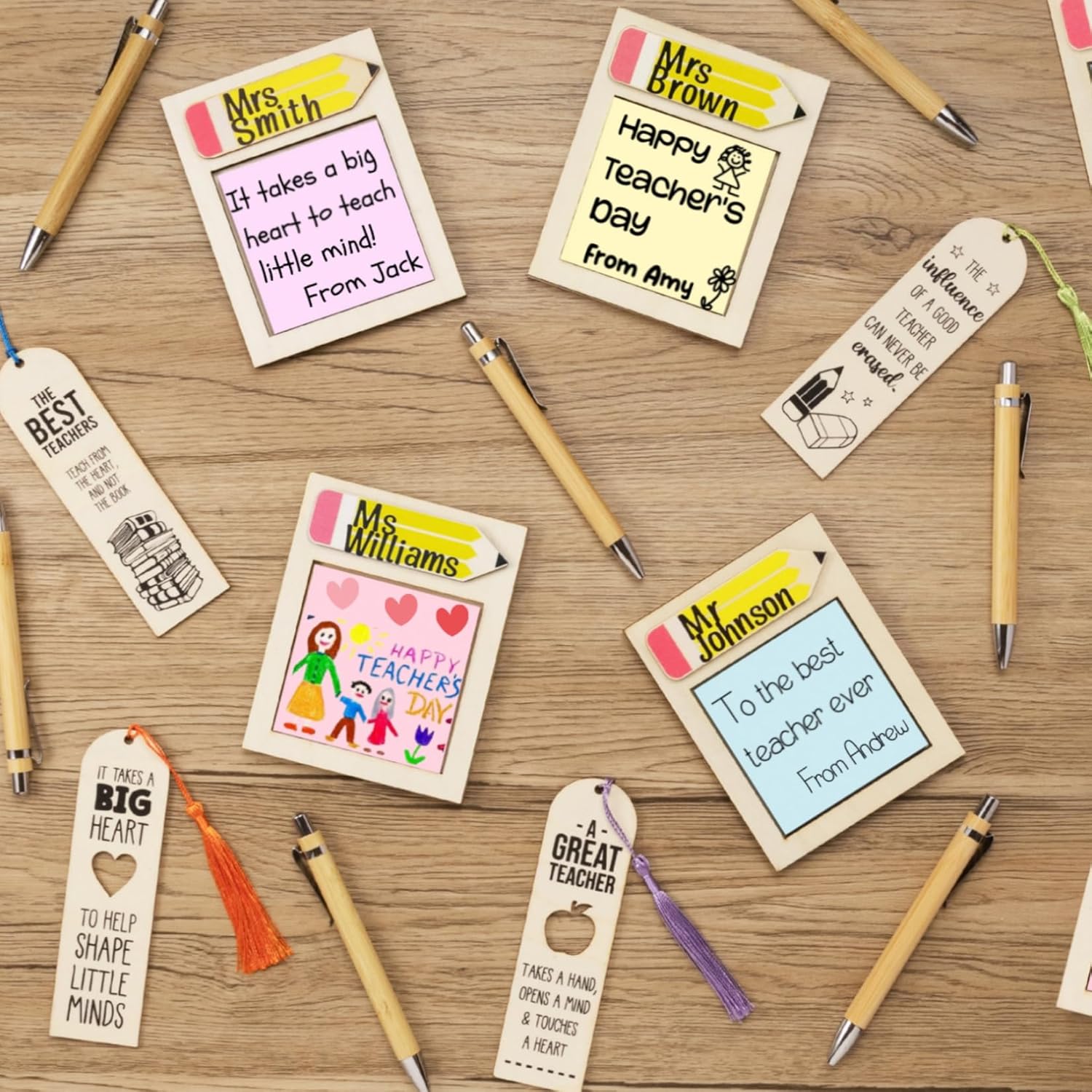 12 PCS Personalized Teacher Appreciation Gifts in Bulk - Valentines Teacher Desk Name Gifts with 4 Sticky Note Pad Holders & 4 Bookmarks & 4 Bamboo Pens & 2 DIY Letter Stickers - Image 5