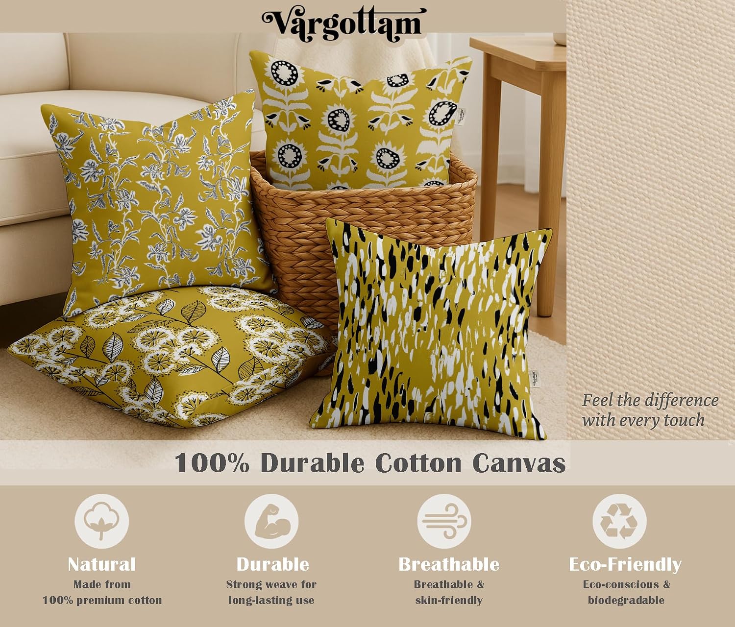 Cotton Cushion Covers Set of 4-16x16 Inch, Floral Print, Double-Sided Printed Throw Pillow Covers with Hidden Zipper - No Filler - Yellow