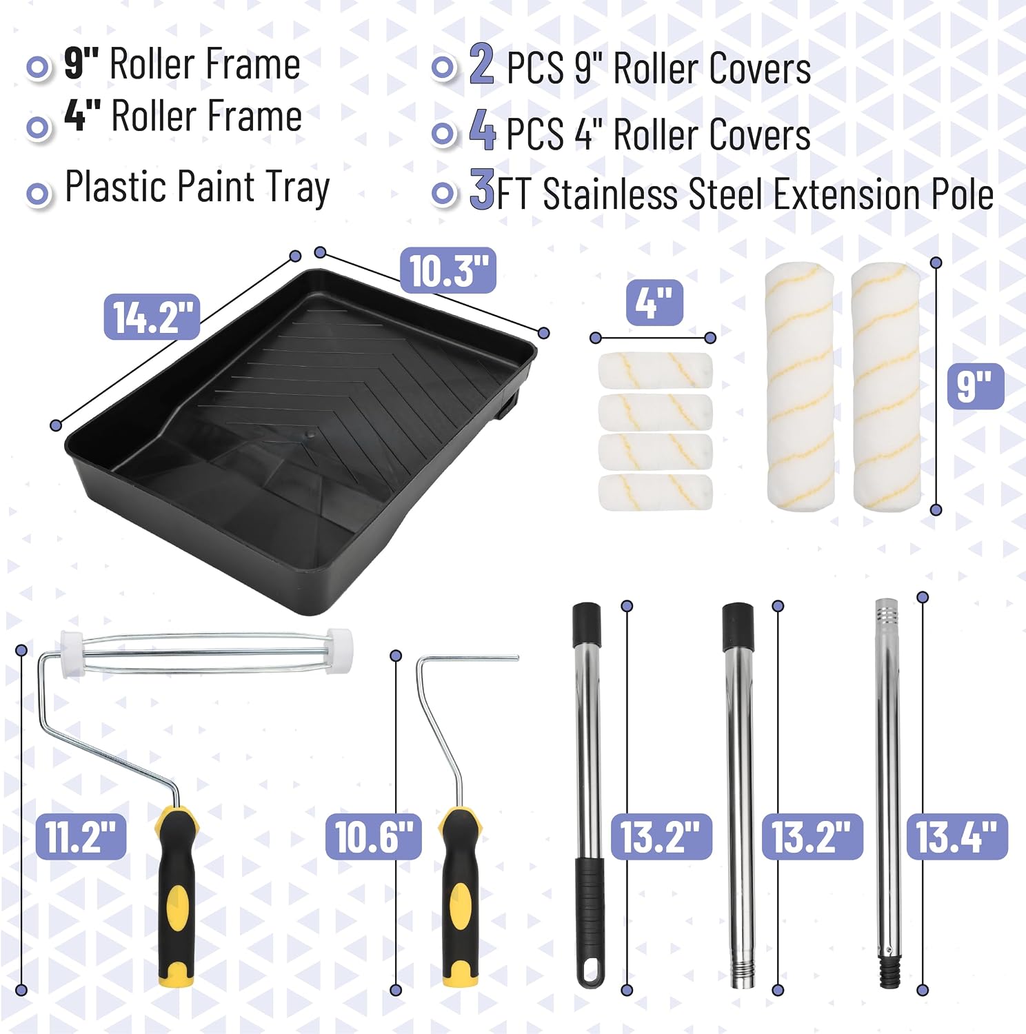 Bates- Paint Roller Kit with Extension Pole, 10 pcs, 9" & 4" Roller Frames | Plastic Paint Tray, 6 Roller Covers, 3 FT Stainless Steel Extension Pole for Walls, Ceilings & Home Painting Projects