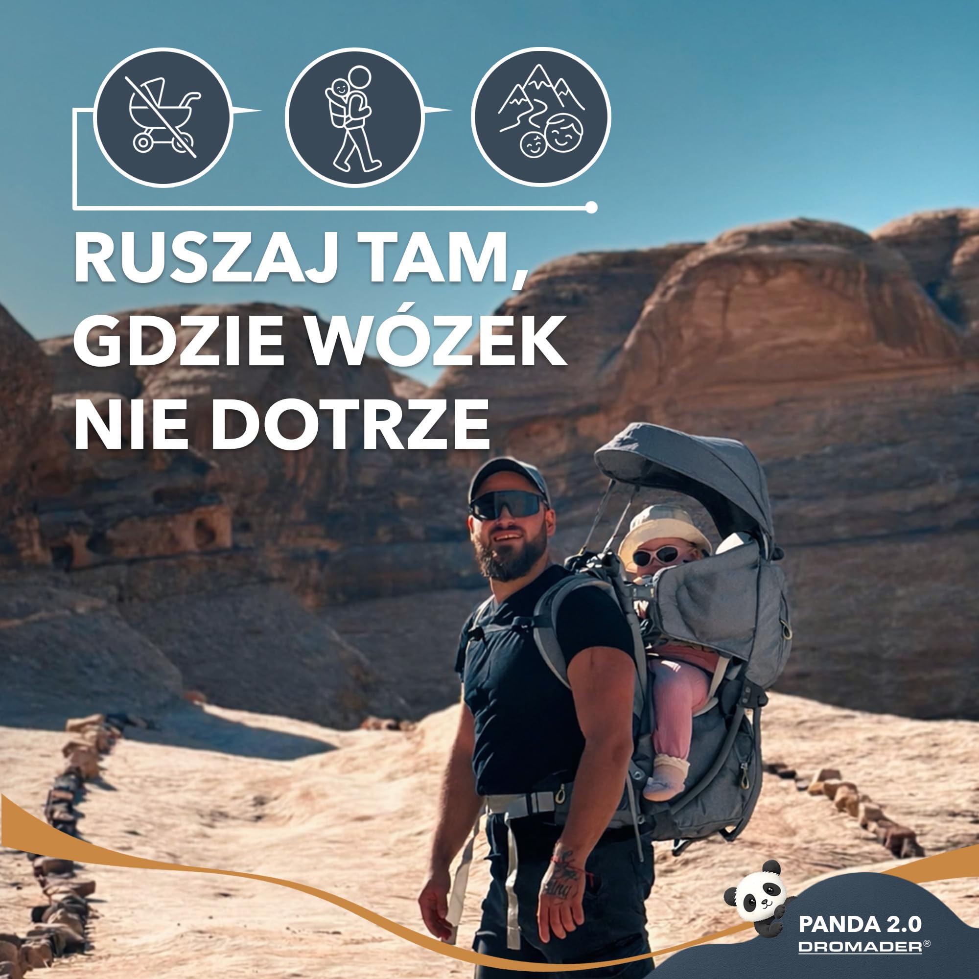 Dromader Nosidełko Turystyczne dla dzieci do 18kg - Regulowane Siedzisko z Poduszką do Spania - Chowany Daszek Przeciwsłoneczny - System Nośny Odciążający Kręgosłup - Kieszeń Termiczna – Panda Olive