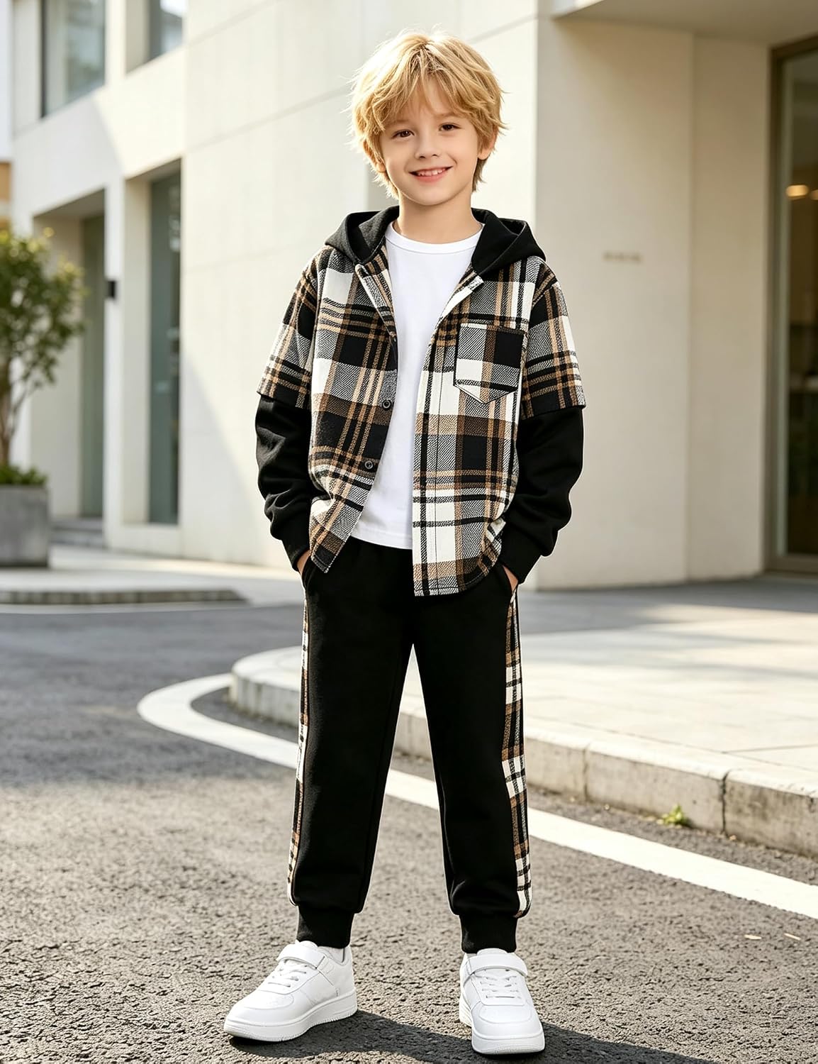 Boys Clothes Plaid Hooded Shirt Top and Sweatpants 2PC Kids Clothes Boys Fall Winter Outfits for 6-16 Years