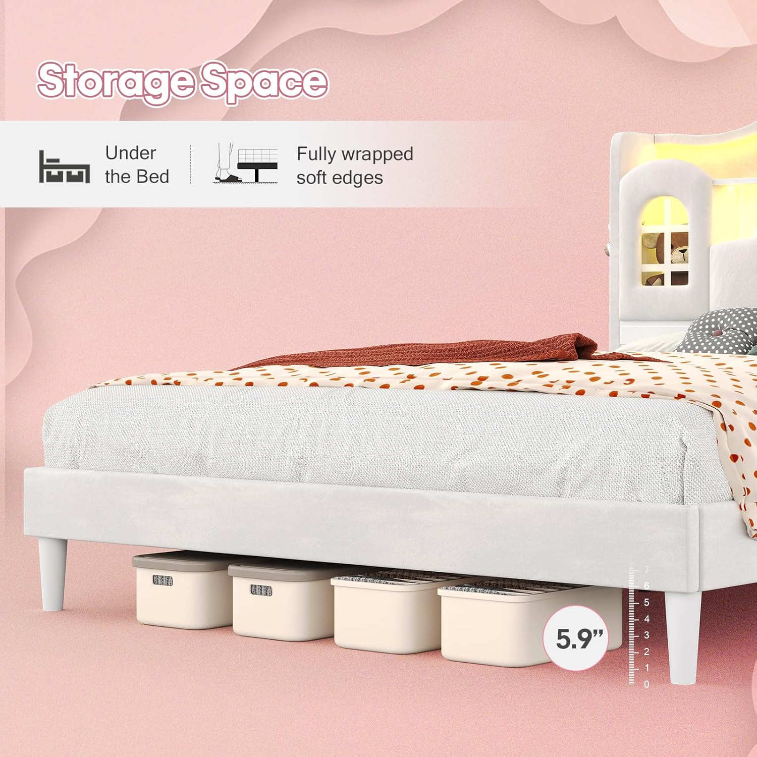 Dnxao Full Size Bed Frame with Storage Headboard, Princess Bed with LED Lights,Upholstered Girls Bed with Crown,Charging Station,No Box Spring Needed,Easy Assembly, White