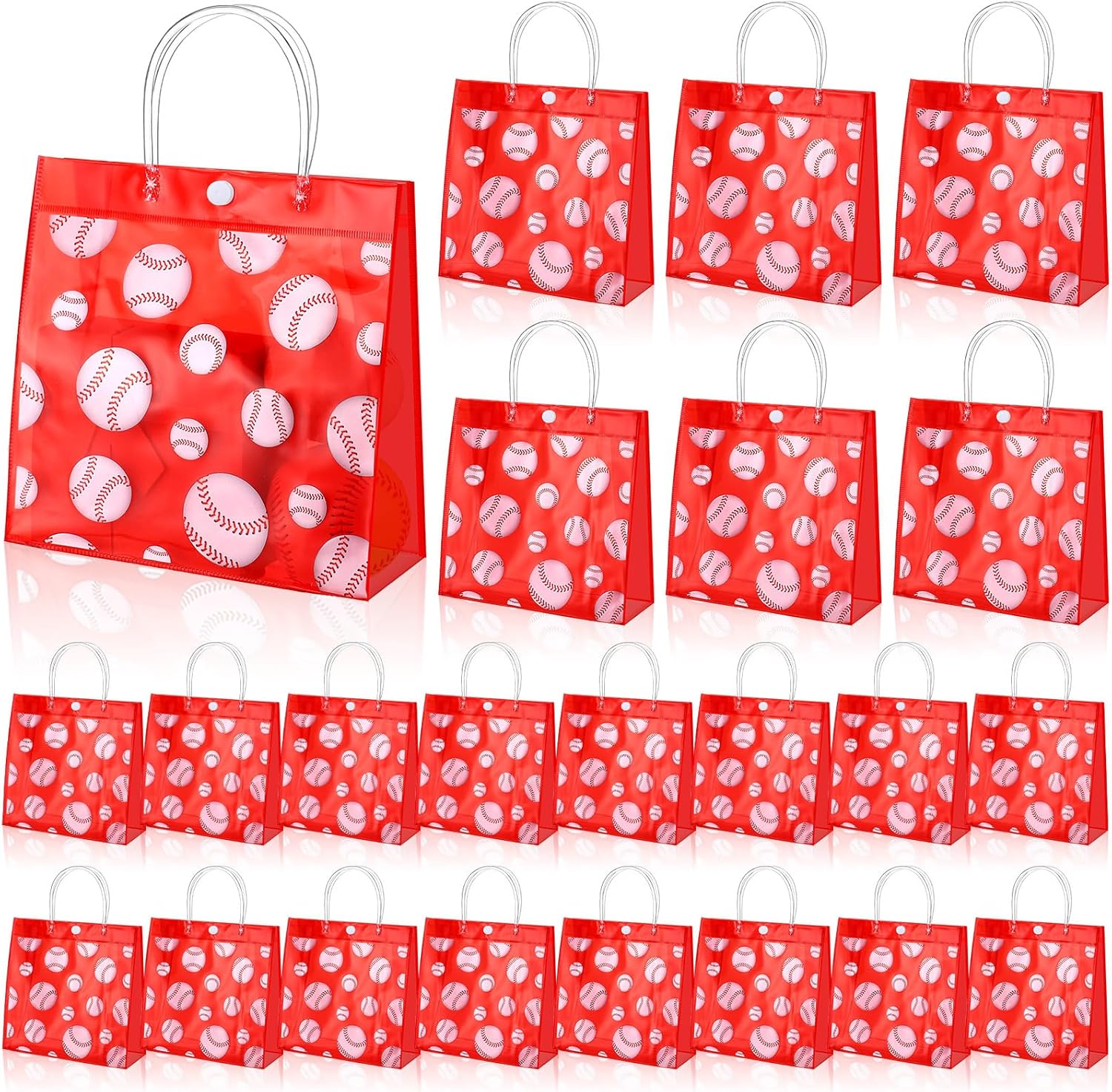 Sweetude 24 Pieces Baseball Gift Goodie Bags with Handles 8x8x3.15 Inch PVC Baseball Theme Party Favor Clear Treat Bags Bulk for Sports Party Competition Team Birthday Gifts