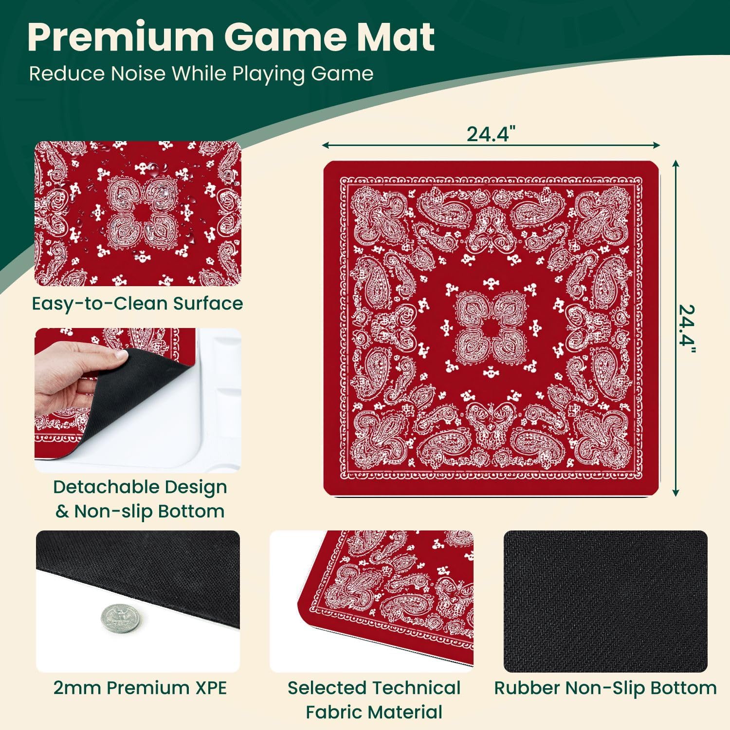 Folding Mahjong Table with Red Paisley Bandana White Ornamental Floral Motifs Wear-Resistant Mahjong Mat, 4 Cup Holders & Chip Trays for 4 Players Square Portable Card Table for Poker Domino