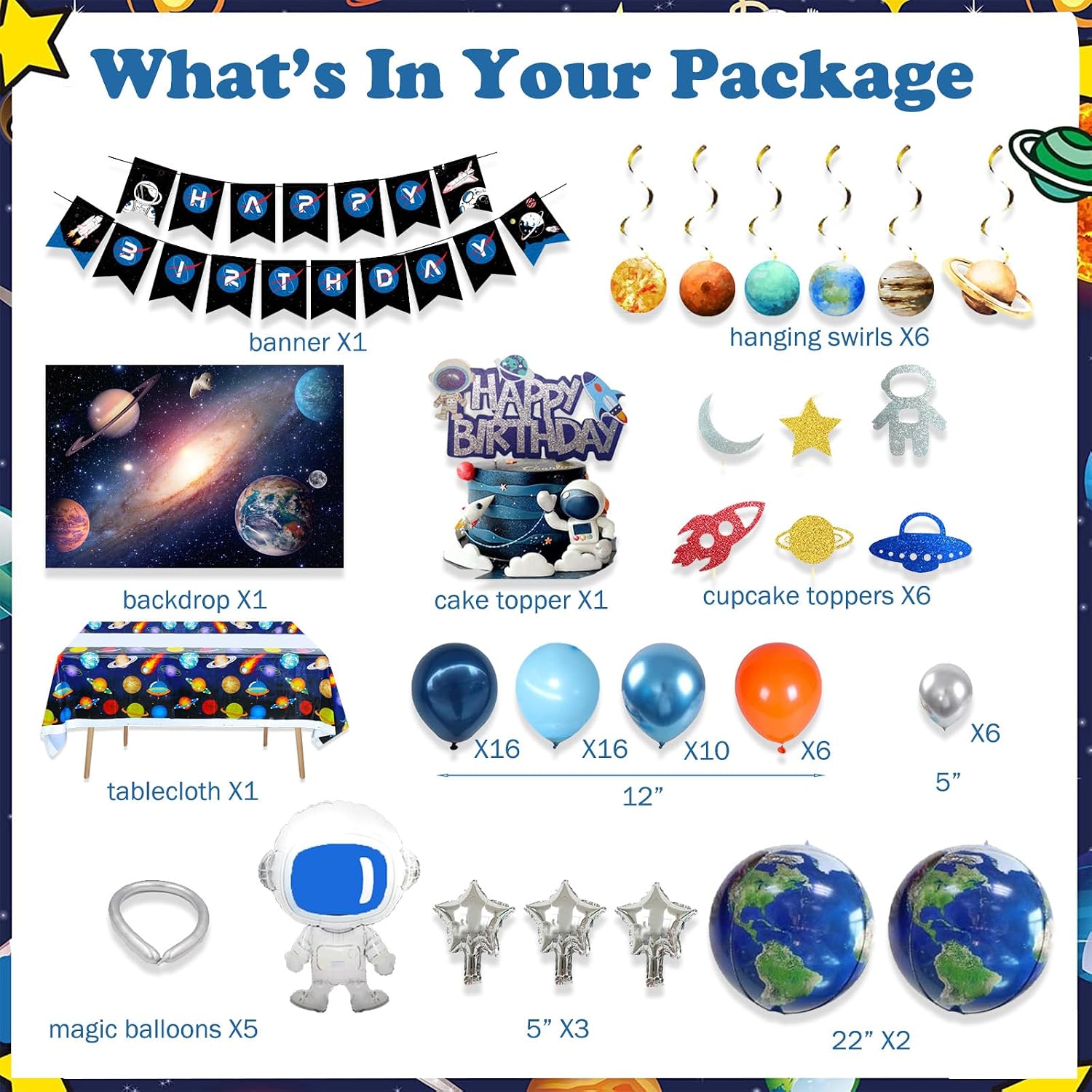 Hombae Space Birthday Party Decorations, Outer Space Galaxy Birthday Decorations Backdrop Balloon Garland Hanging Swirl Banner Tablecloth Cake Topper Solar System Planet Astronaut Rocket Blue image 2