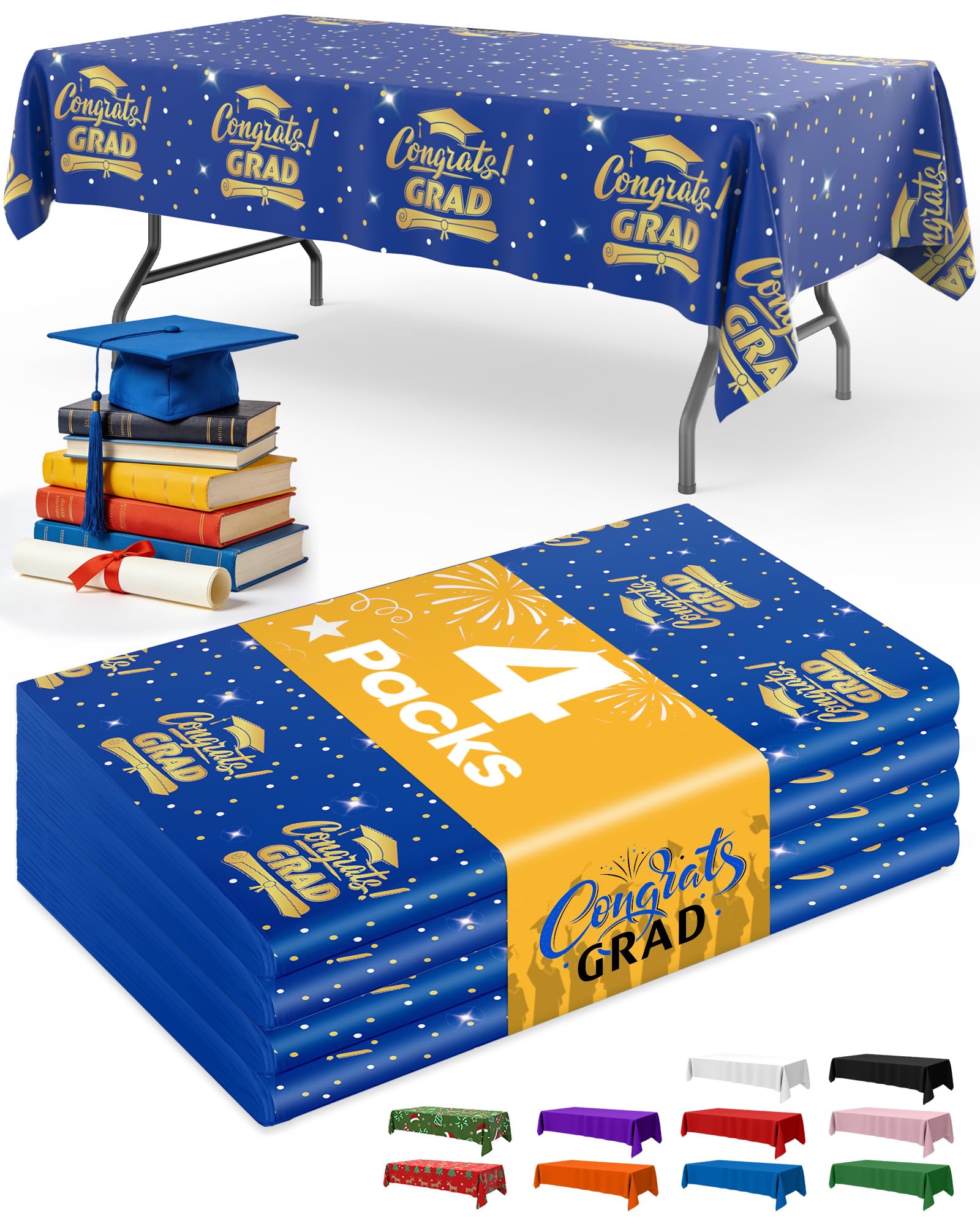 Niuara Blue Graduation Plastic Table Cloth Disposable, 4 Pack, 54 x 108 in