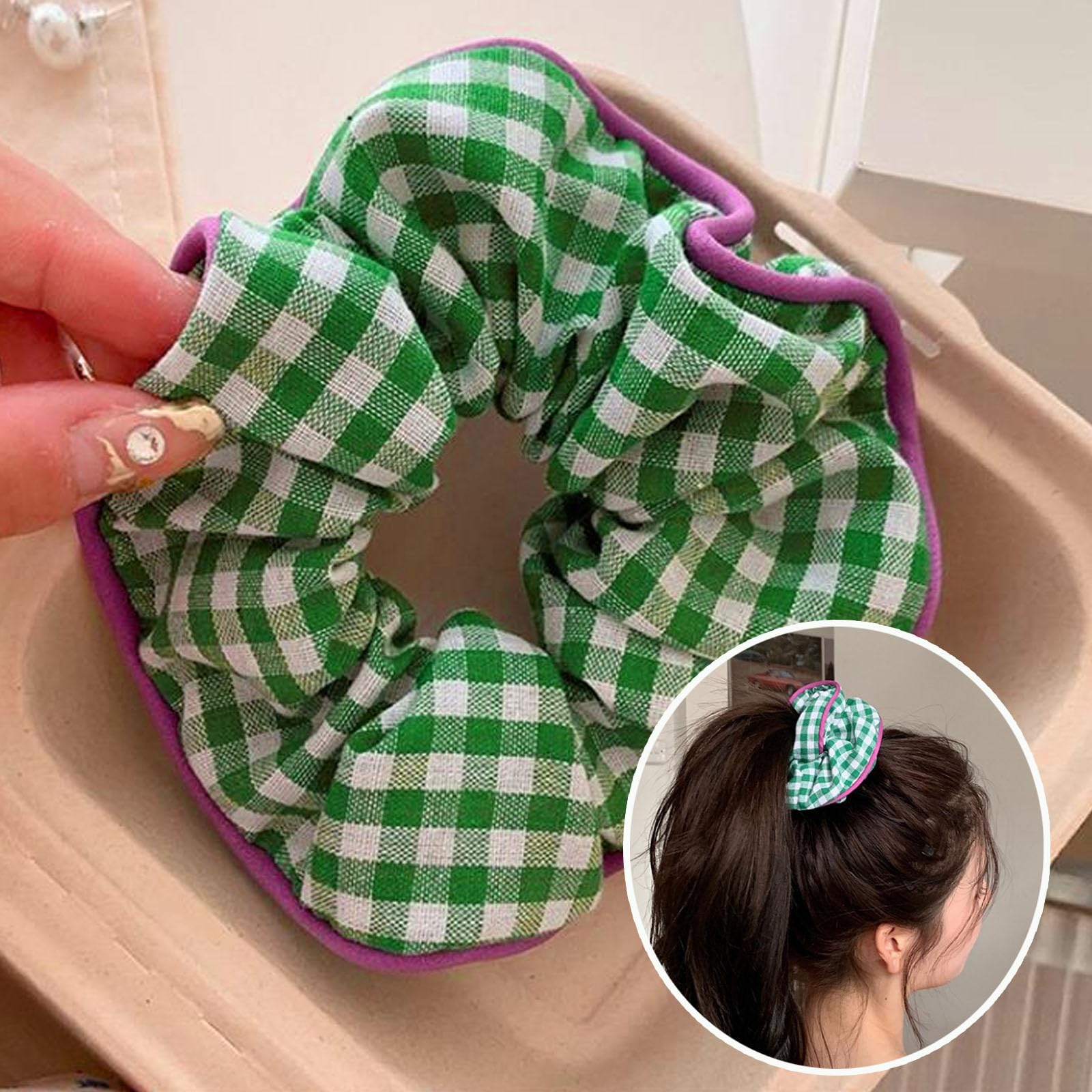 Green Hair Bow Scrunchies Set, 6 Pieces Hair Clips Accessories Kit, Elastic Hair Ties Ropes, Bowknot Hair Barrettes, Pins - Image 2