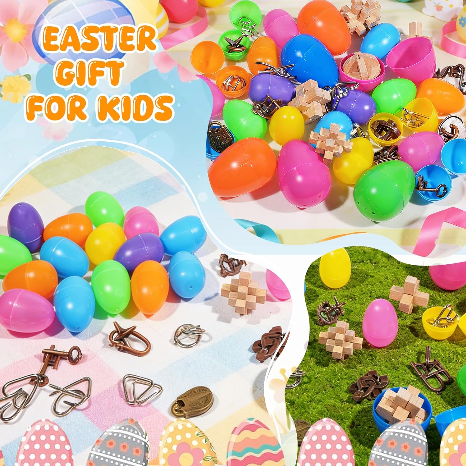 Rileryan 24 Pack Prefilled Easter Eggs Filled with Brain Teasers Easter Basket Stuffers Fillers Easter Egg Hunt Easter Eggs Bulk Wooden Metal Brain Teaser