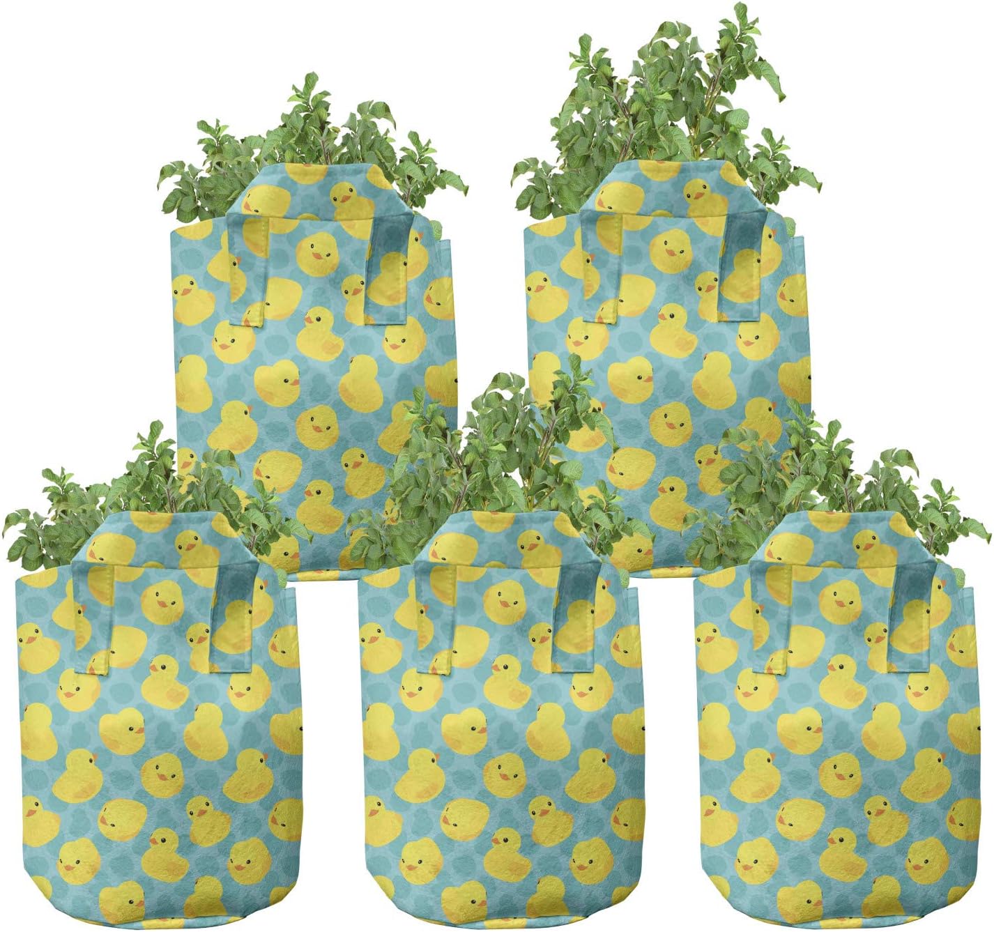Lunarable Duckies Grow Bags 5-Pack, Bathroom Toys, Heavyduty Fabric Pots with Handles for Plants, Sea Green Orange
