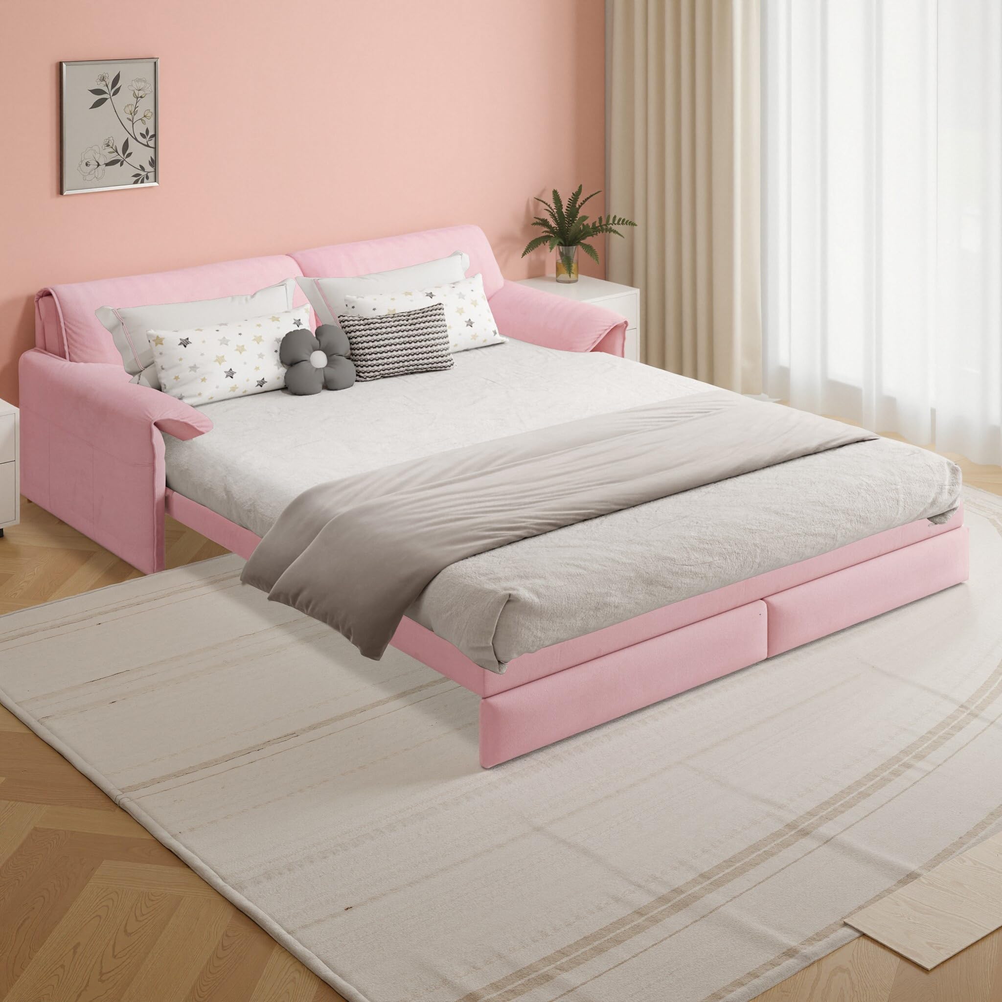 66" Queen Size Pull Out Sofa Bed, 3-in-1 Convertible Sleeper Sofa with Side Storage, Folding Floor Sofa Lounge Couch, Velvet Loveseat Bed for Living Room, Bedroom, Office, Pink