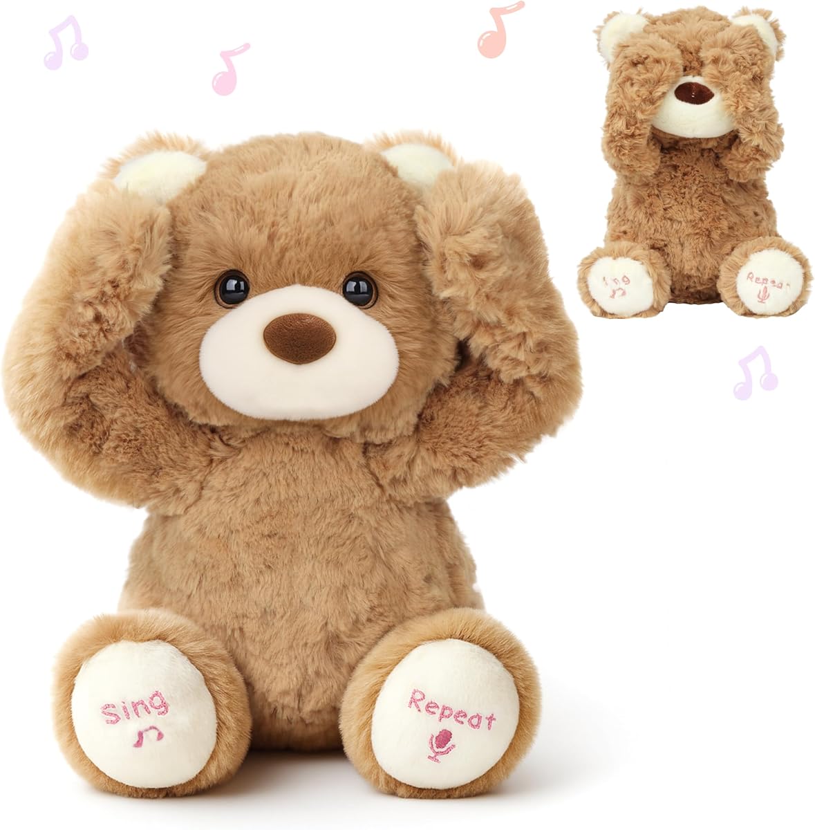 Peek A Boo Bear Interactive Repeats What You Say Plush Teddy Bear Toy Musical Singing Talking Stuffed Animal Adorable Electric Animate Gift for Toddlers, Brown, 11''
