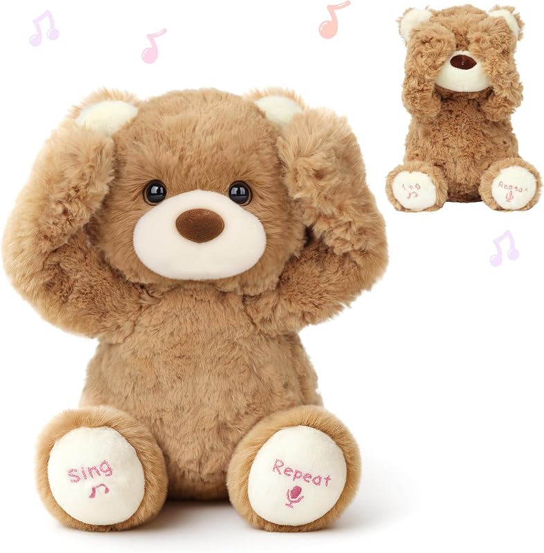 Peek A Boo Bear Interactive Repeats What You Say Plush Teddy Bear Toy Musical Singing Talking Stuffed Animal Adorable Electric Animate Gift for Toddlers, Brown, 11''