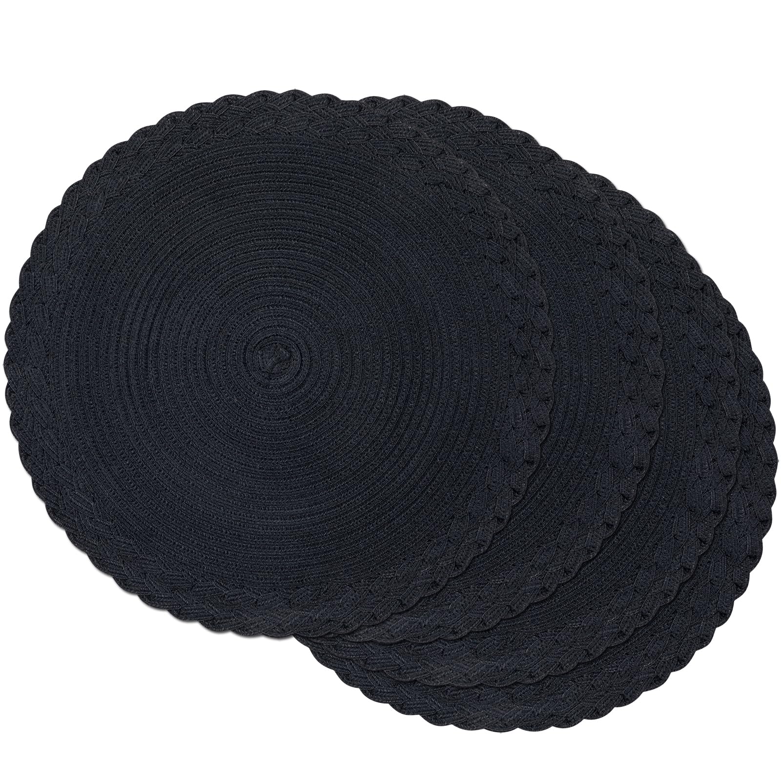 Photo 1 of SHACOS Round Placemats Set of 4 Boho Braided Border 15 inch Circle Place Mats Washable Fabric Table Mats for Kitchen Dining Table, Black