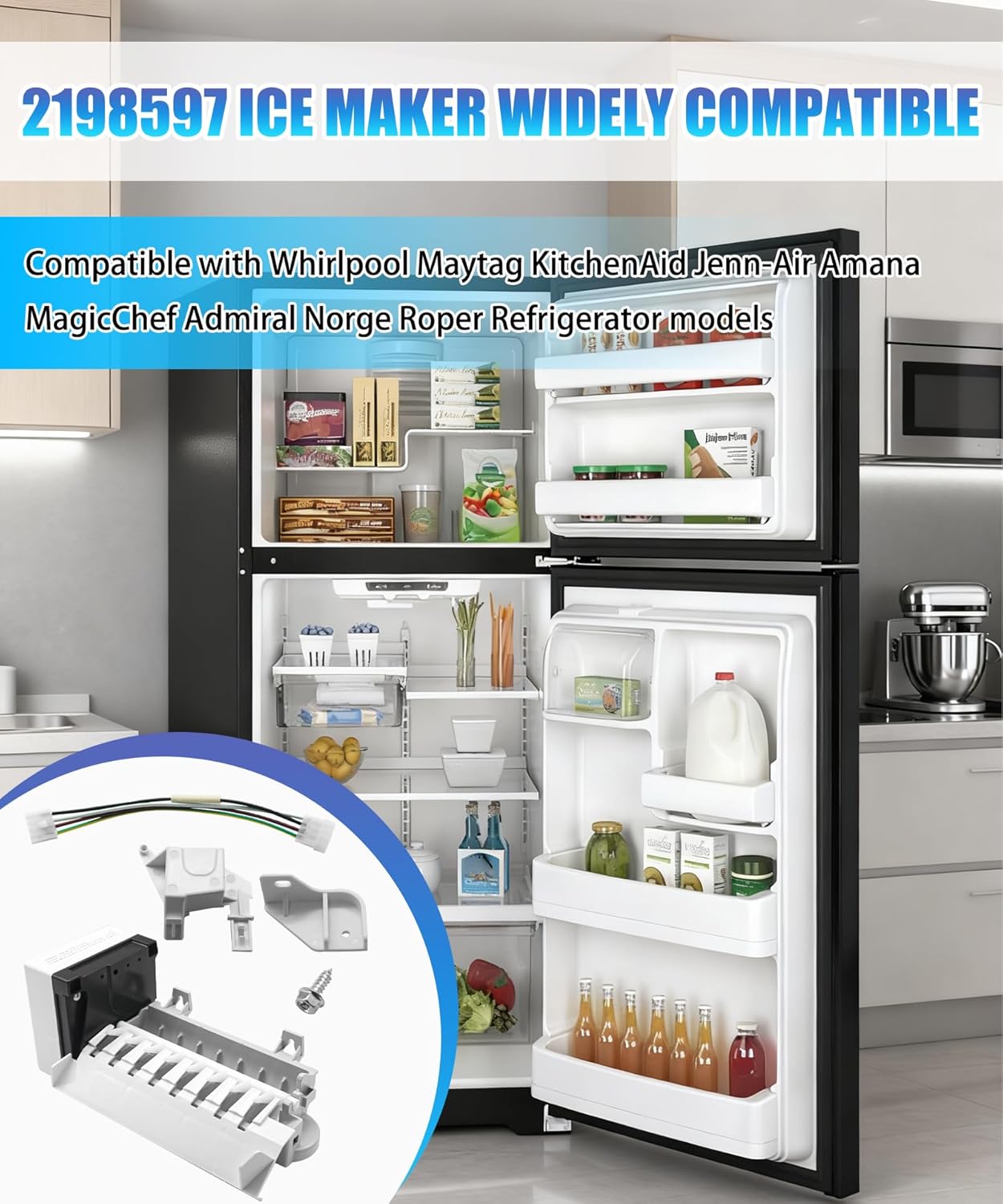 2198597 Refrigerator Ice Maker Assembly Fit for Whirlpool, Maytag, KitchenAid,Kenmore Replaces 1016069, AH869316, EA869316, PS869316,626663,W10122502,2198678,W10190960 Etc.