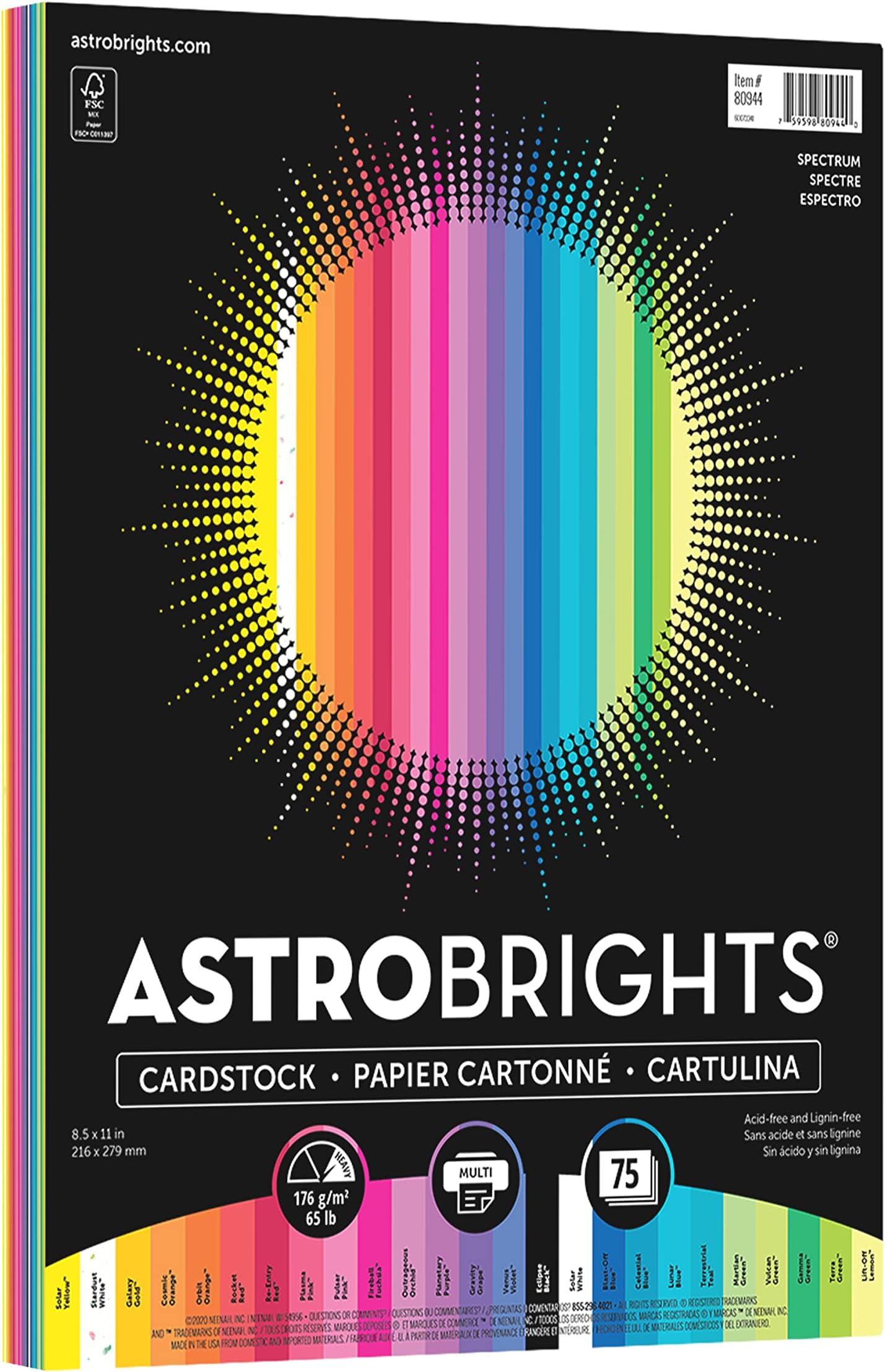 Astrobrights Colored Cardstock, 8.5” x 11”, 65 lb / 176 gsm, "Spectrum" 25-Co...