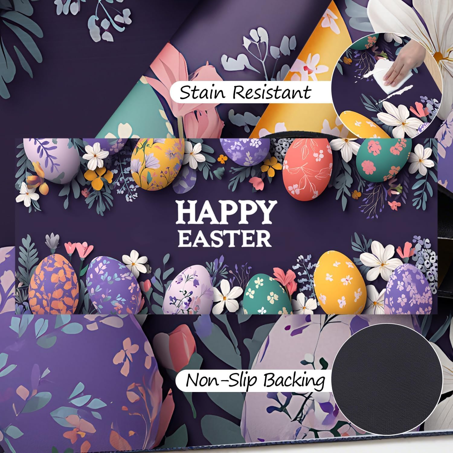 ANNA QUEEN Happy Easter Laundry Room Rug 20x47 Inch – Festive Easter Eggs and Flowers Non Slip Runner Mat for Laundry Room, Kitchen, Entryway and Hallway Decor