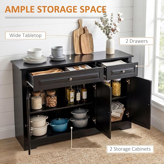 HOMCOM Sideboard Buffet Cabinet, Modern Buffet Cabinet with Storage and 2 Drawers, Coffee Bar Station with Adjustable Shelves for Kitchen, Entryway, Black