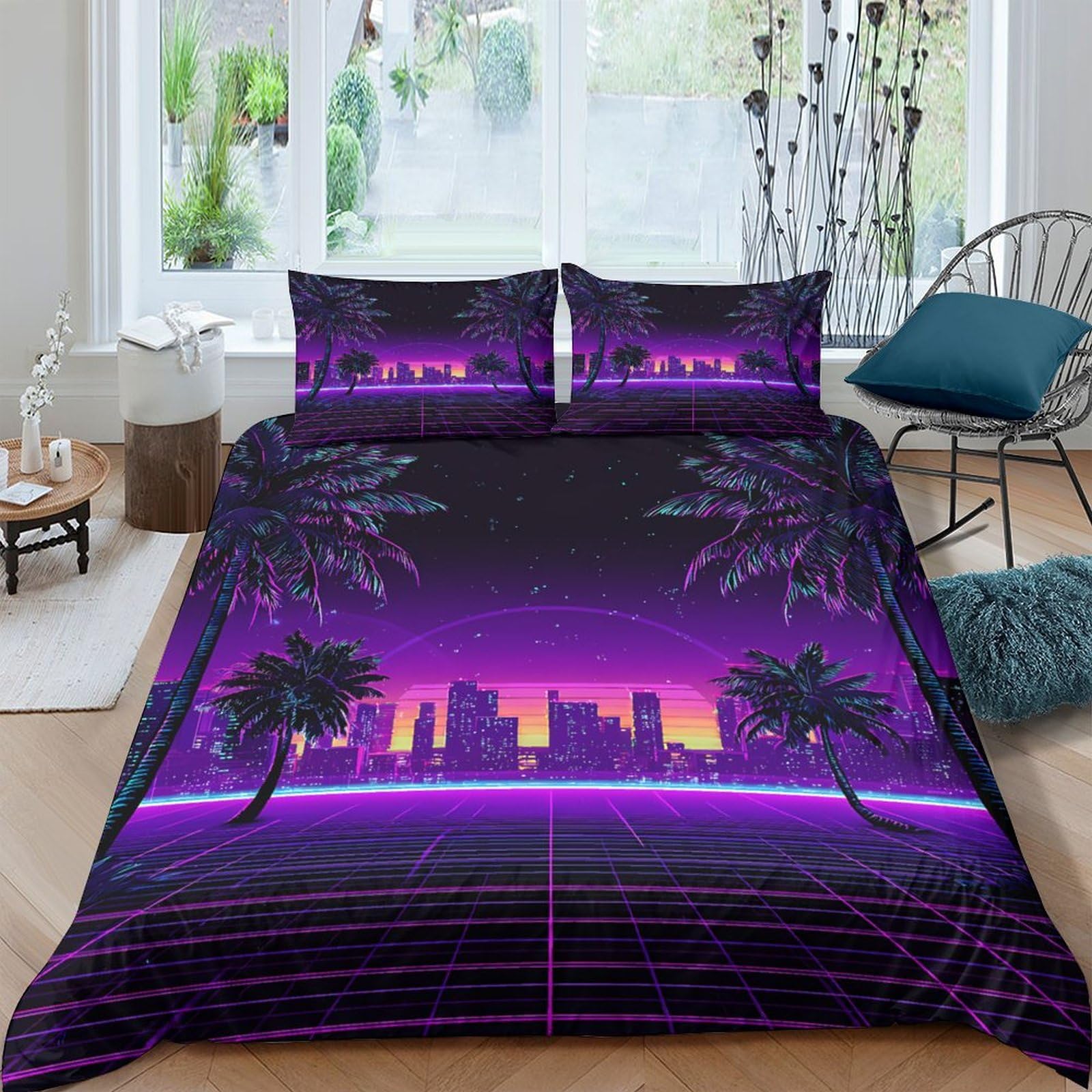 Ctjqhvkz Style-6 3D Printed Retro City Nightscape Fitted Sheet Microfiber Purple Neon Palm Bed Cover For Bedroom Guest Room Decor Single（135X200cm）