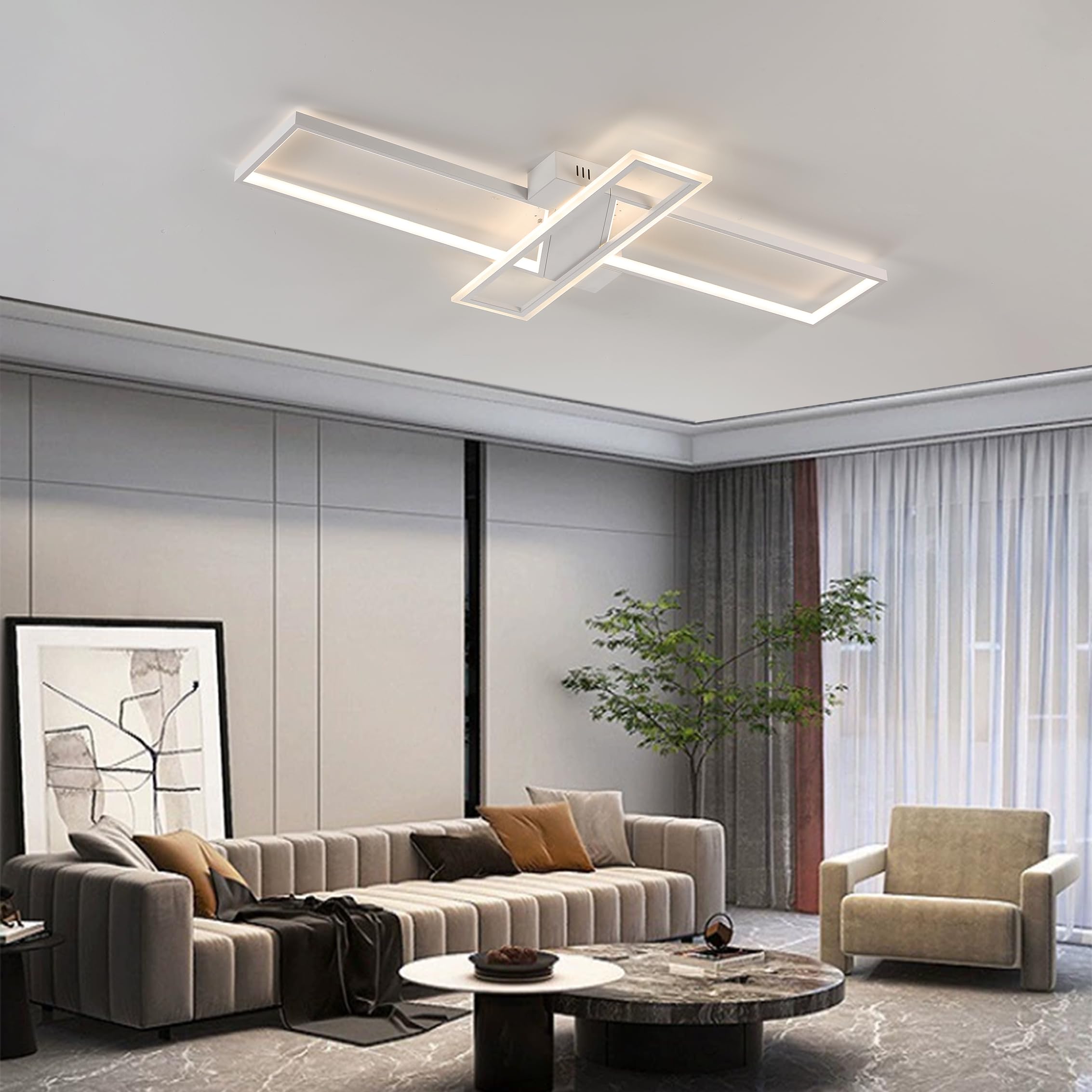 LED Deckenleuchte Dimmbar Wohnzimmer Deckenlampe mit Fernbedienung APP, 3000K-6000K, 74W Weiß Wohnzimmerlampe Schlafzimmer Lampe Rechtecke Modern Deckenbeleuchtung Nachtlicht und Timerfunktion