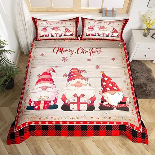 Manfei Juego de funda de edredón de gnomos de Navidad, tamaño King, funda de edredón de Navidad rústica de madera y cuadros rojos con 2 fundas de