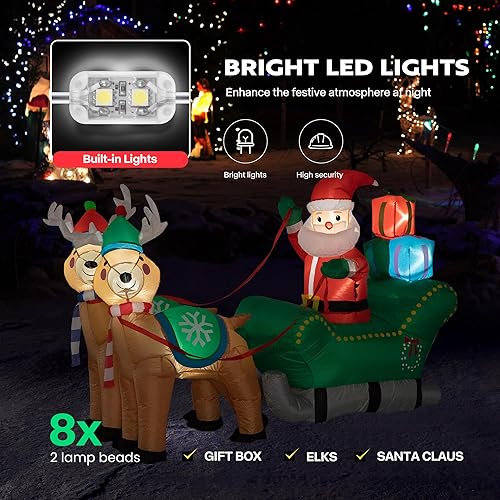 Miniatura 5 de VIVOHOME Papá Noel inflable de Navidad de 6.9 pies de largo con luz LED en trineo gris con renos y cajas de regalo para decoración de patio al aire