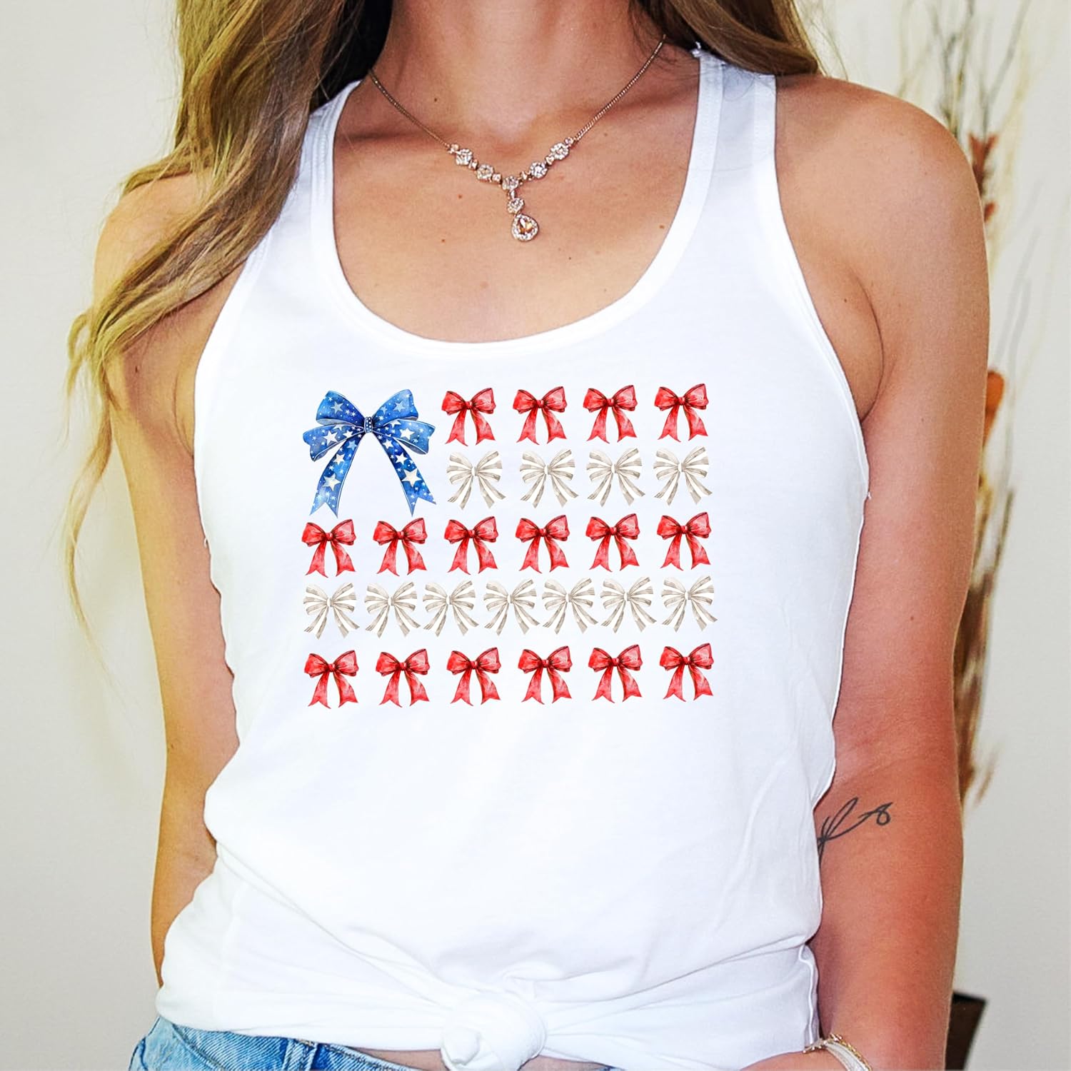 Olive Loves Apple Patriotic Flag Bow Tank Top 4th of July White Tank Top Women