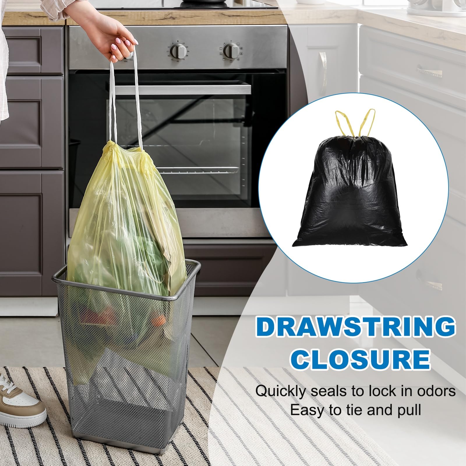 QUARKZMAN 120 Bolsas De Basura Con Cierre De Cordón, 8.7 Galones 24", Bolsas Para Cubo De Basura Sin Aroma Para Hogar Oficina Cocina Sala Dormitorio Coche, Negro