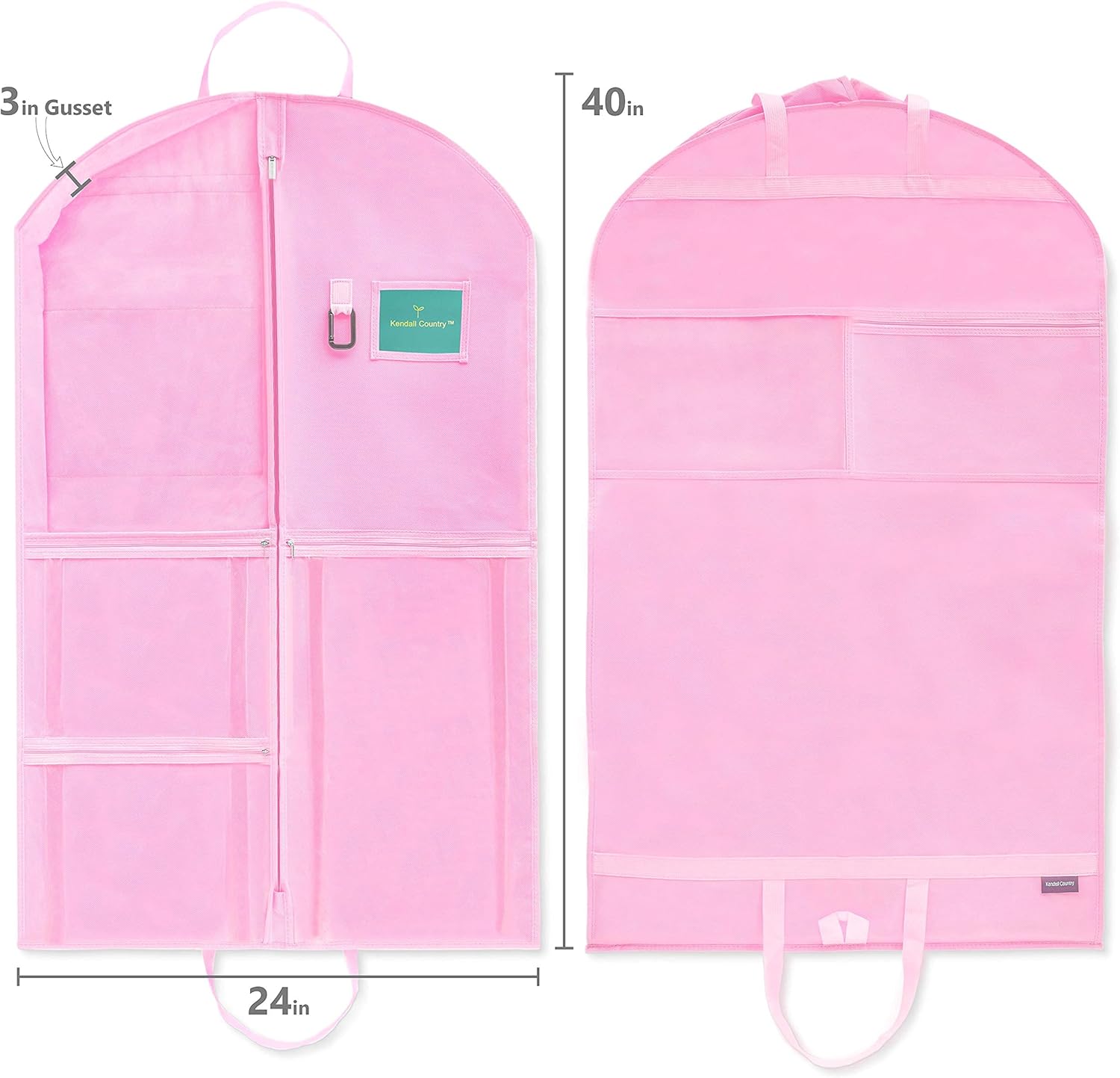 review Waterproof Hanging Garment Bag 40 inch Clothes Bag with Gusset, 5 Pockets & Side Zip for Dance Costumes, Sports, Skating, Theatre, Beauty Pageants, Cheer & More by Kendall Country, Cotton Candy Pink