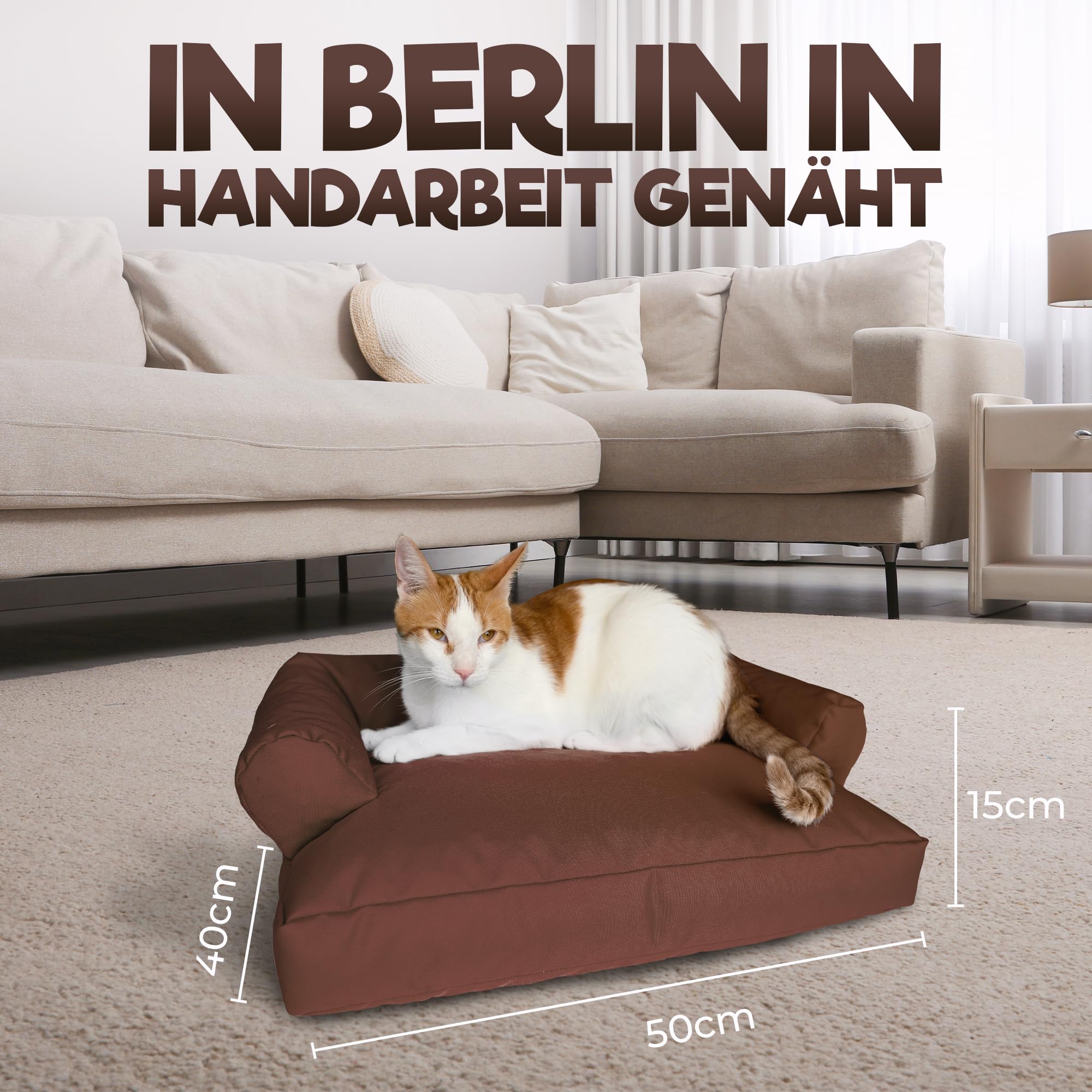 PatchHome Sofá para gatos, certificado Öko-Tex, muebles para gatos, relleno de poliestireno reciclado, accesorio para gatos, fabricado en Alemania, 50 x 40 x 15 cm, color marrón
