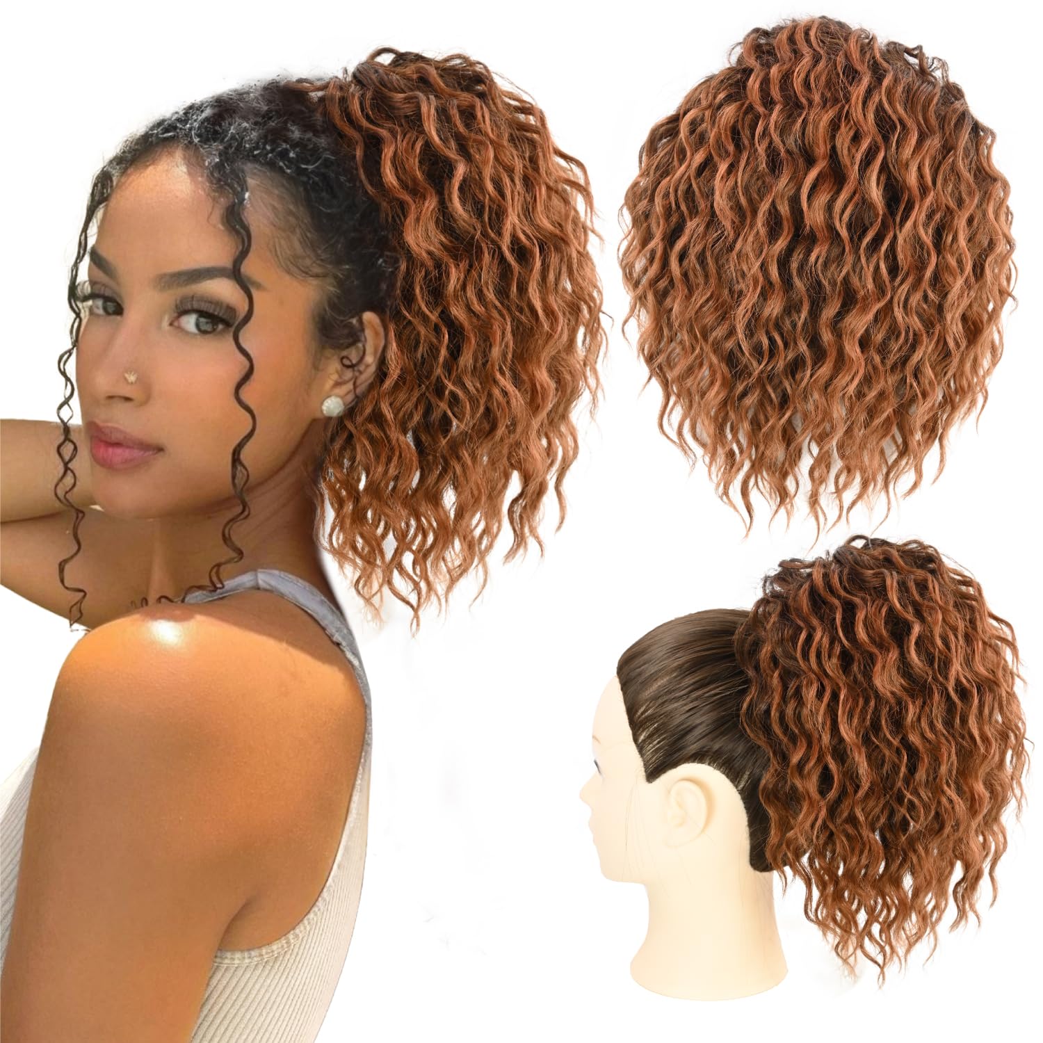 Wavy Curly Ponytail Extension Drawstring Ponytail for Black Women Synthetic Hairpieces Pony Tails Hair Extensions for Women - Black Mix Gray