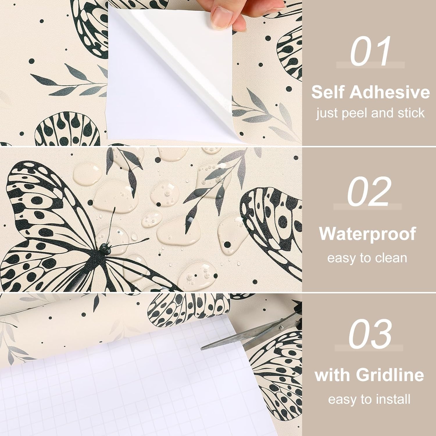 Butterfly Wallpaper Peel and Stick Beige Black Insect Leaf Wallpaper for Bedroom Cabinet Butterfly Floral Decorative Contact Paper 12"x118" Removable Self Adhesive Neutral Walls Covering