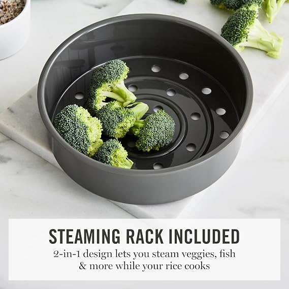 Martha Stewart Rice Cooker, 4 Cup (Uncooked) / 8 Cup (Cooked), Ceramic Non-Stick Removable Pot, Keep Warm, Measure Markings, Steam Basket, Brown & Sushi Rice, Quick Cook, Quinoa, Grains, Oats, Linen Cream