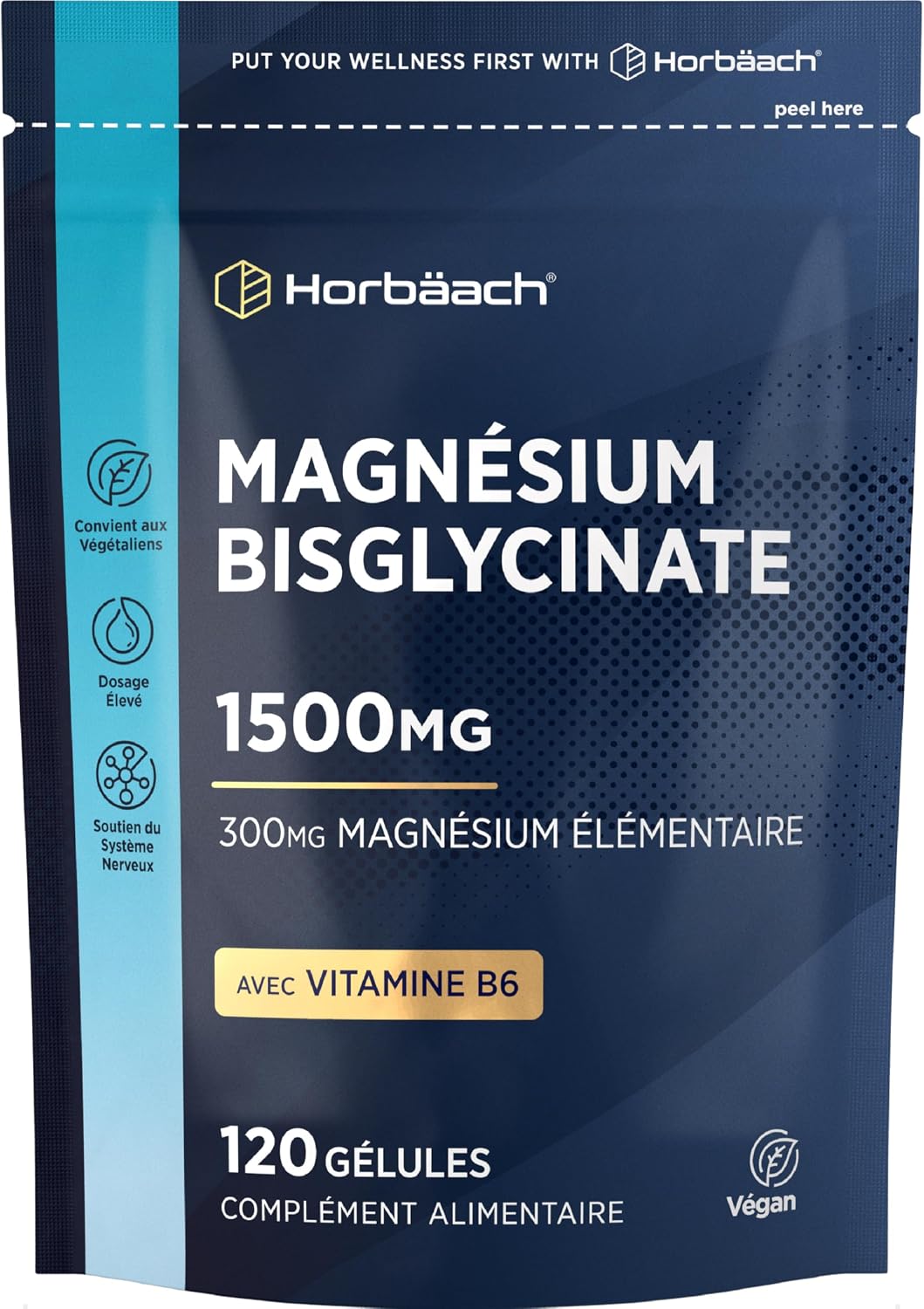 Magnesium Bisglycinate 1500mg | 120 Vegan Tablets | 300mg Elemental Magnesium | con Vitamina B6 | High Absorption | Horbaach
