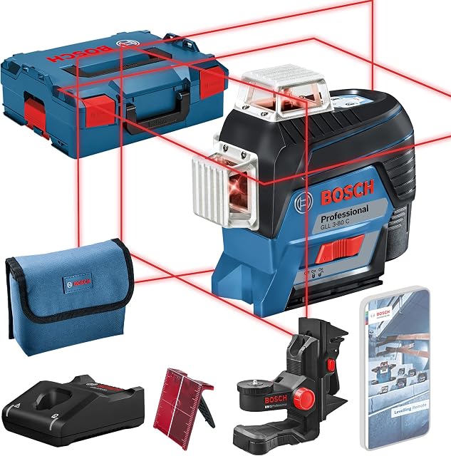 Bosch Professional system 12V: laser liniowy GLL 3-80 C (1 akumulator GBA 12V 2.0Ah, czerwona wiązka, do pracy w pomieszczeniach, współpraca z aplikacją, uchwyt, zasięg pracy: 30 m, walizka L-BOXX)
