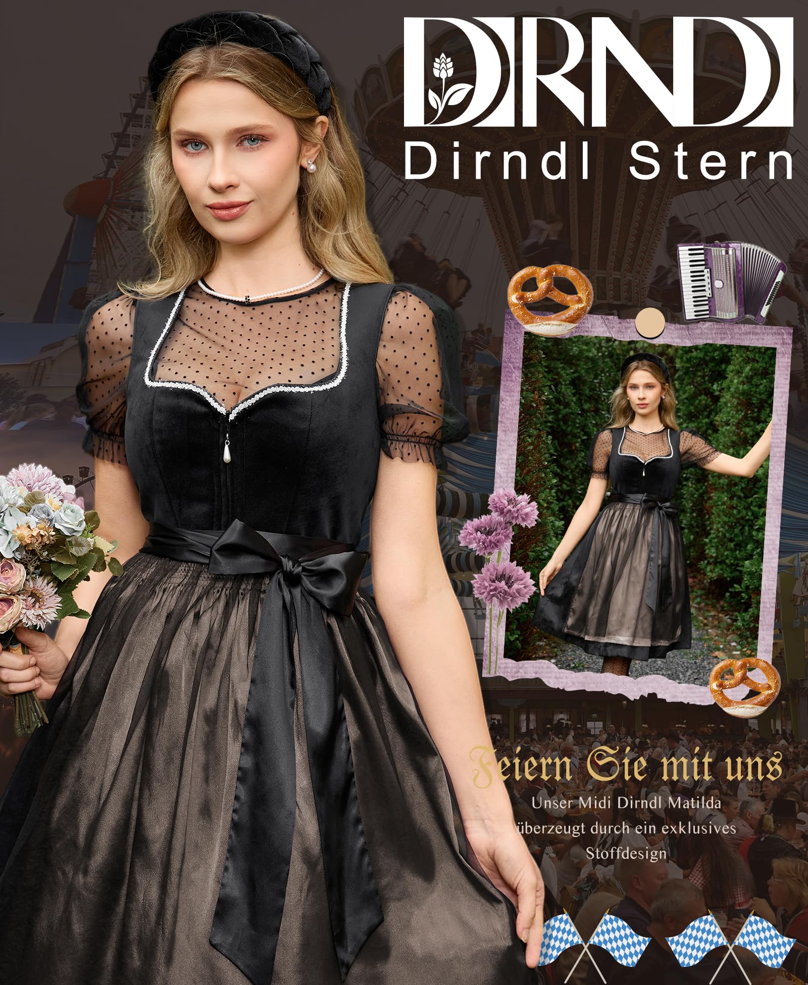 DIRNDLSTERN Trachtenkleid Damen Schwarz - Samt Midi Oktoberfest Outfit Dirndlkleid mit Jacquard 2026